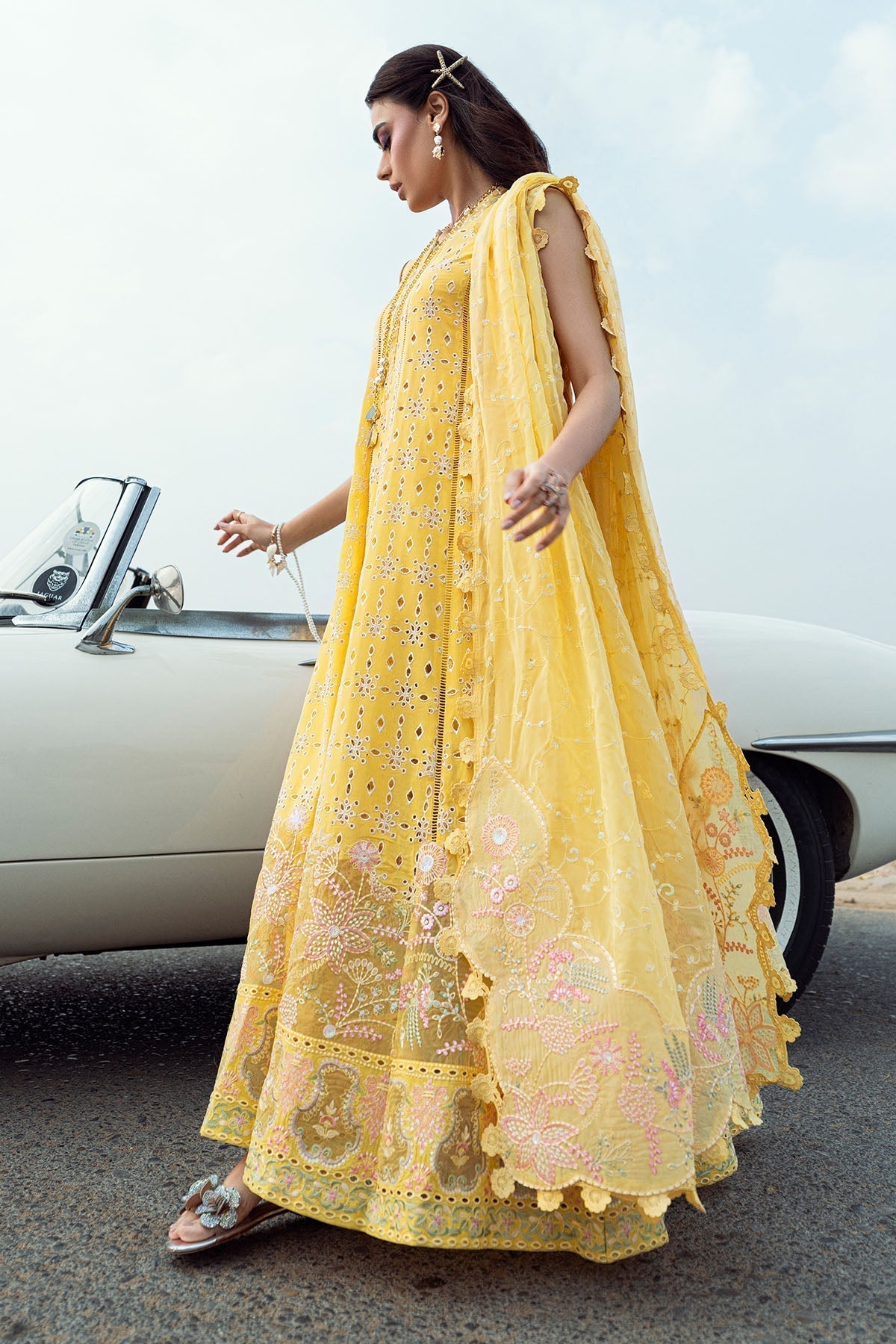 Nureh | Khuwab Luxury Lawn | NE-144 M Lime Yellow Long Open Shirt