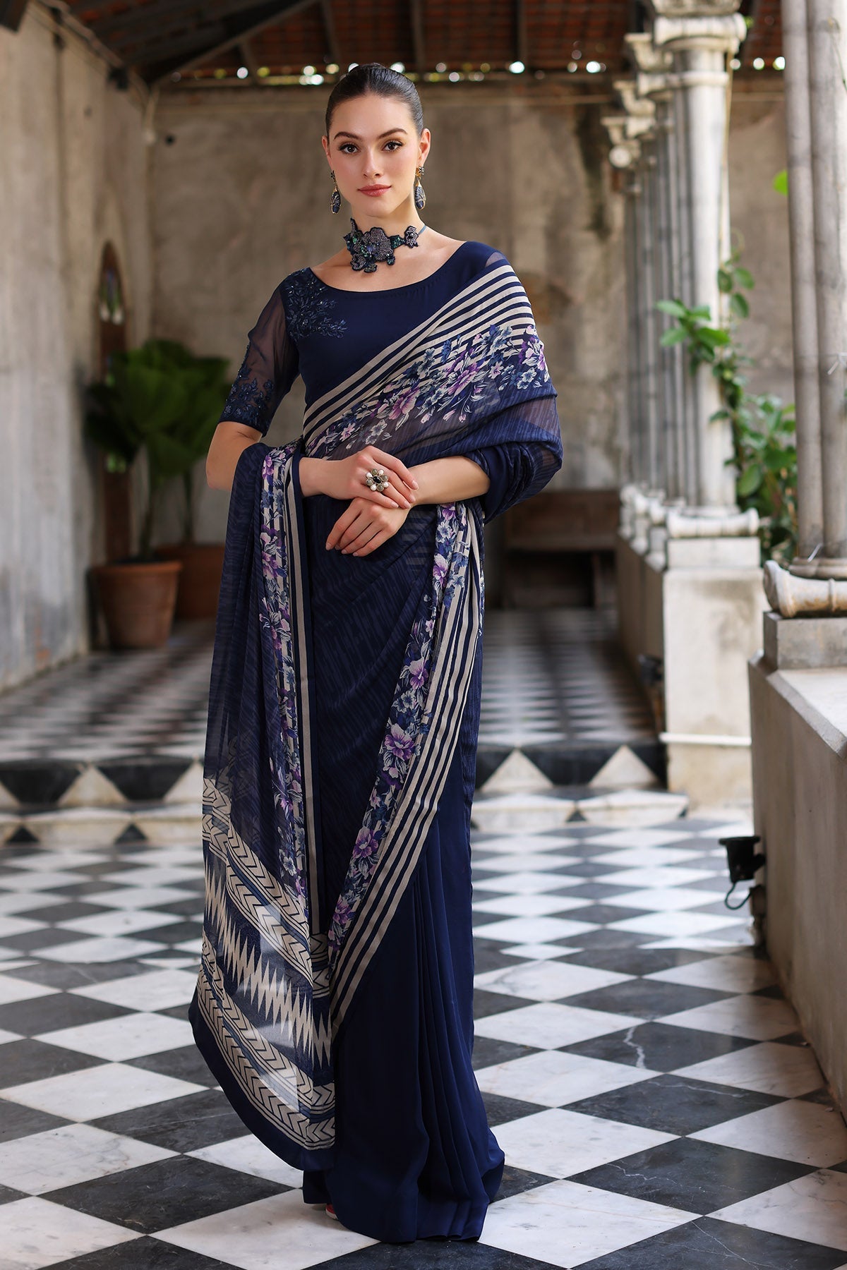 Chinyere | Formal Wedding Exclusive | DESERT ROSE S SARI (AA5355) XS Blue Chiffon