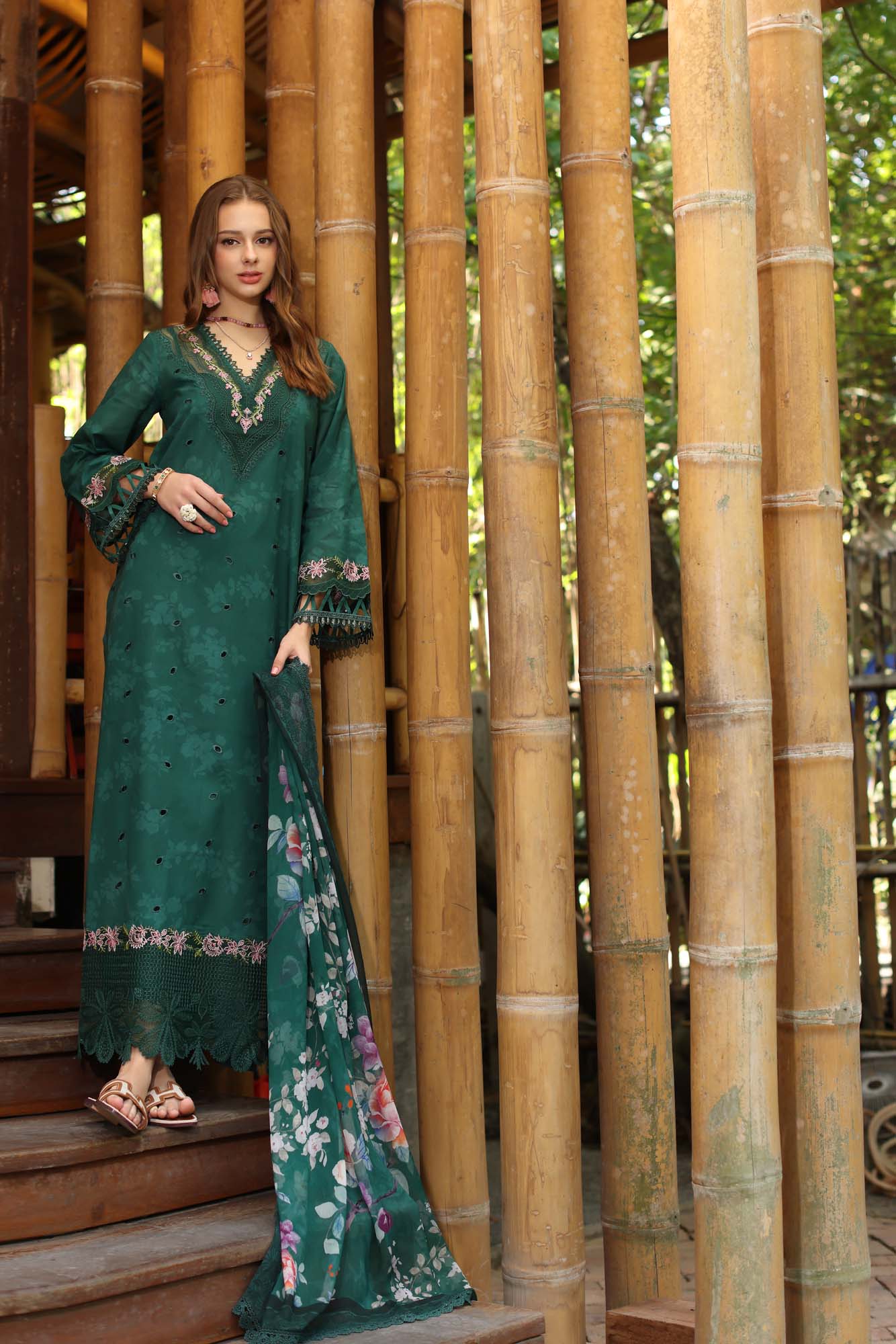 Noor by Saadia Asad | Eid Luxe Printedkari | D9-B S Bottle Green Lawn