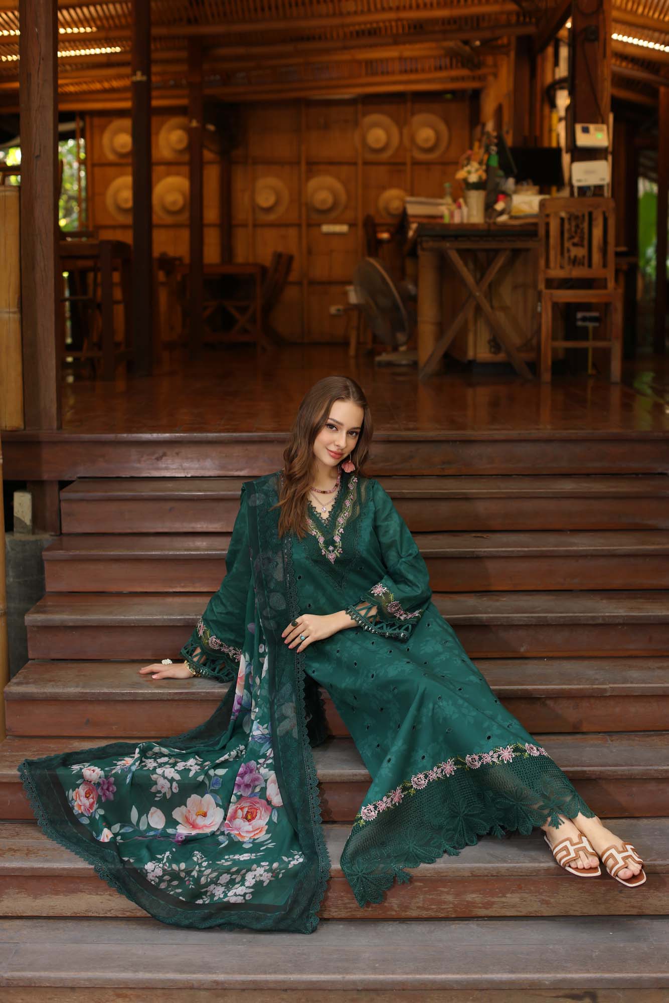 Noor by Saadia Asad | Eid Luxe Printedkari | D9-B L Bottle Green Lawn