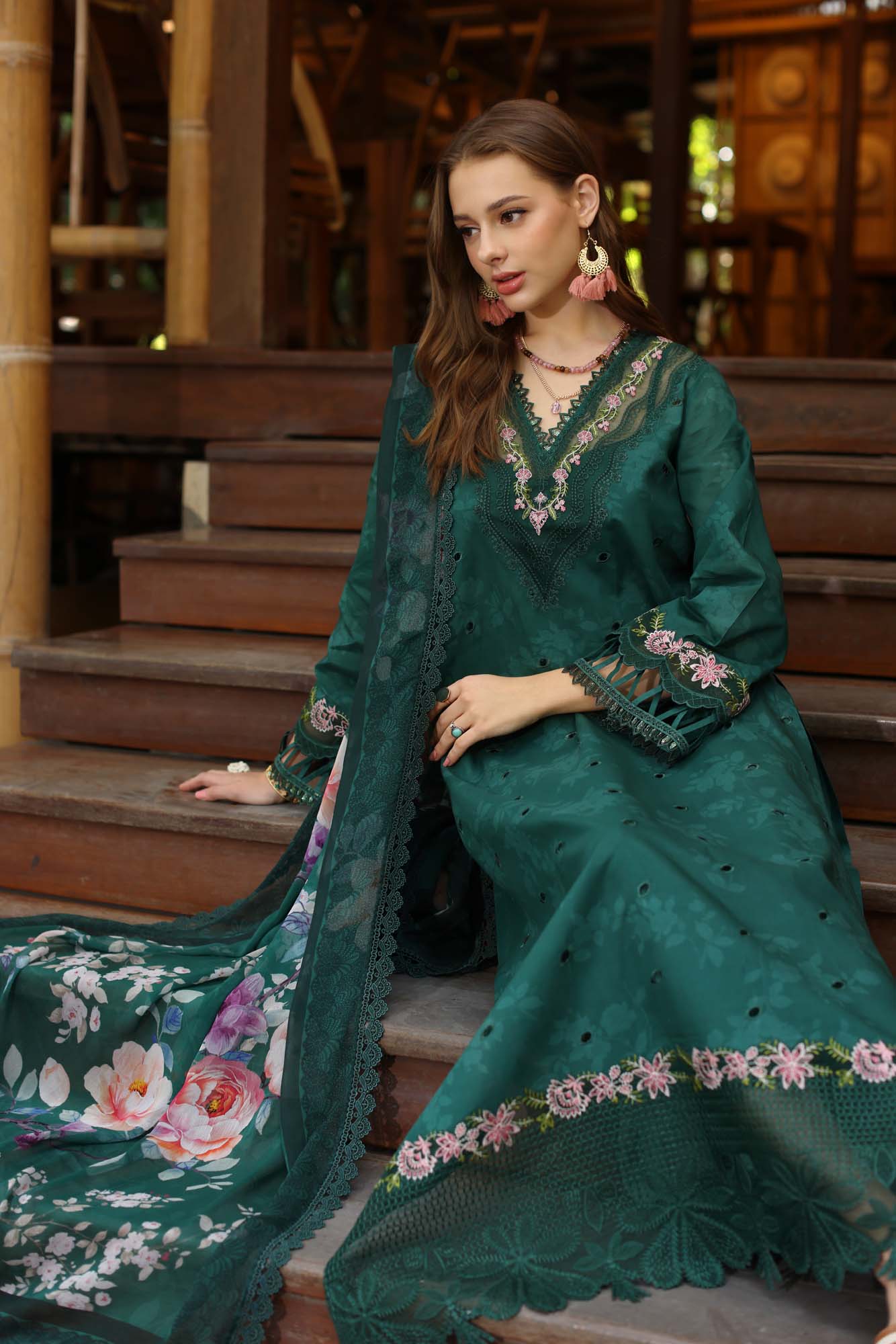 Noor by Saadia Asad | Eid Luxe Printedkari | D9-B M Bottle Green Lawn
