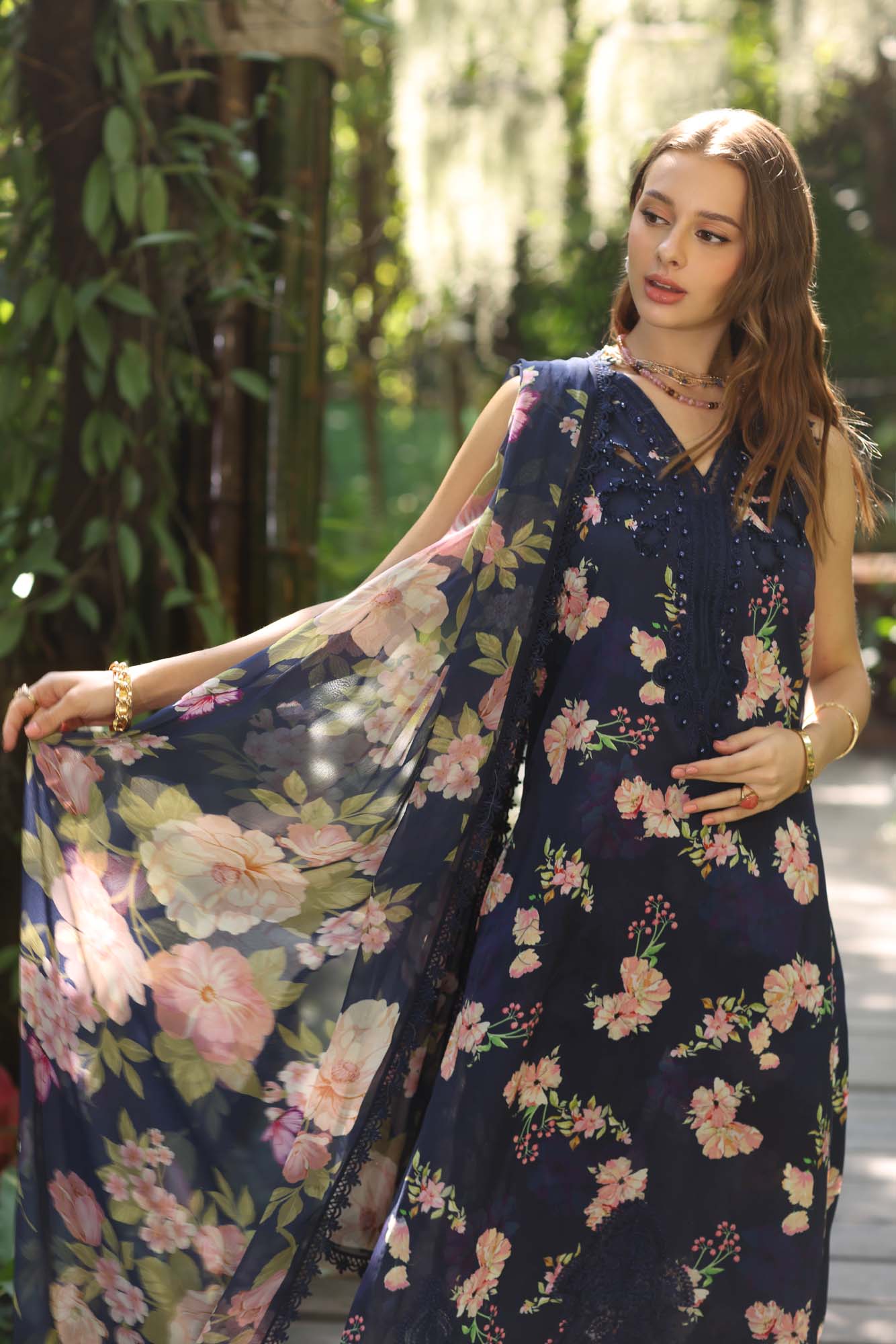 Noor by Saadia Asad | Eid Luxe Printedkari | D8-B L Navy Blue Lawn