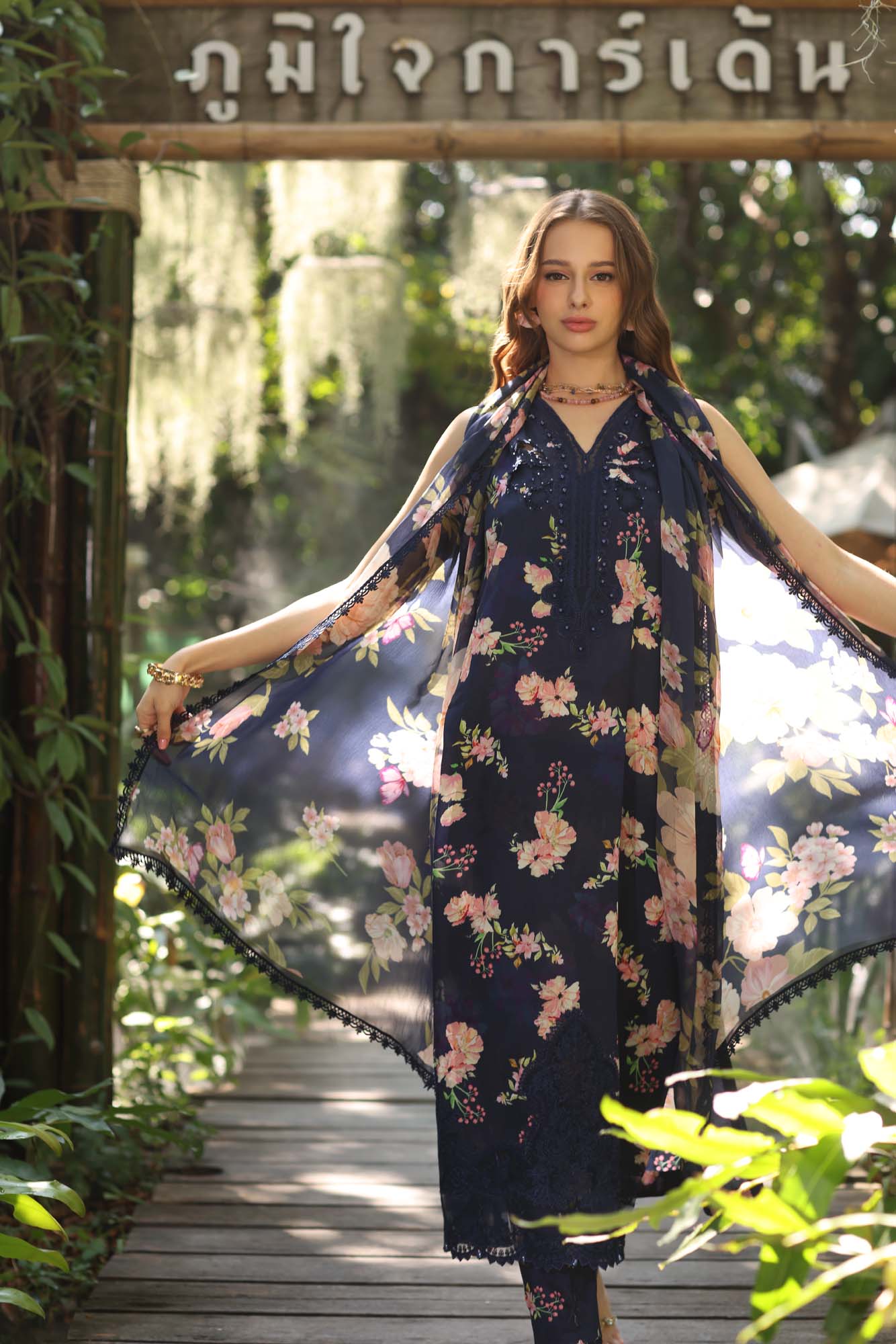 Noor by Saadia Asad | Eid Luxe Printedkari | D8-B S Navy Blue Lawn