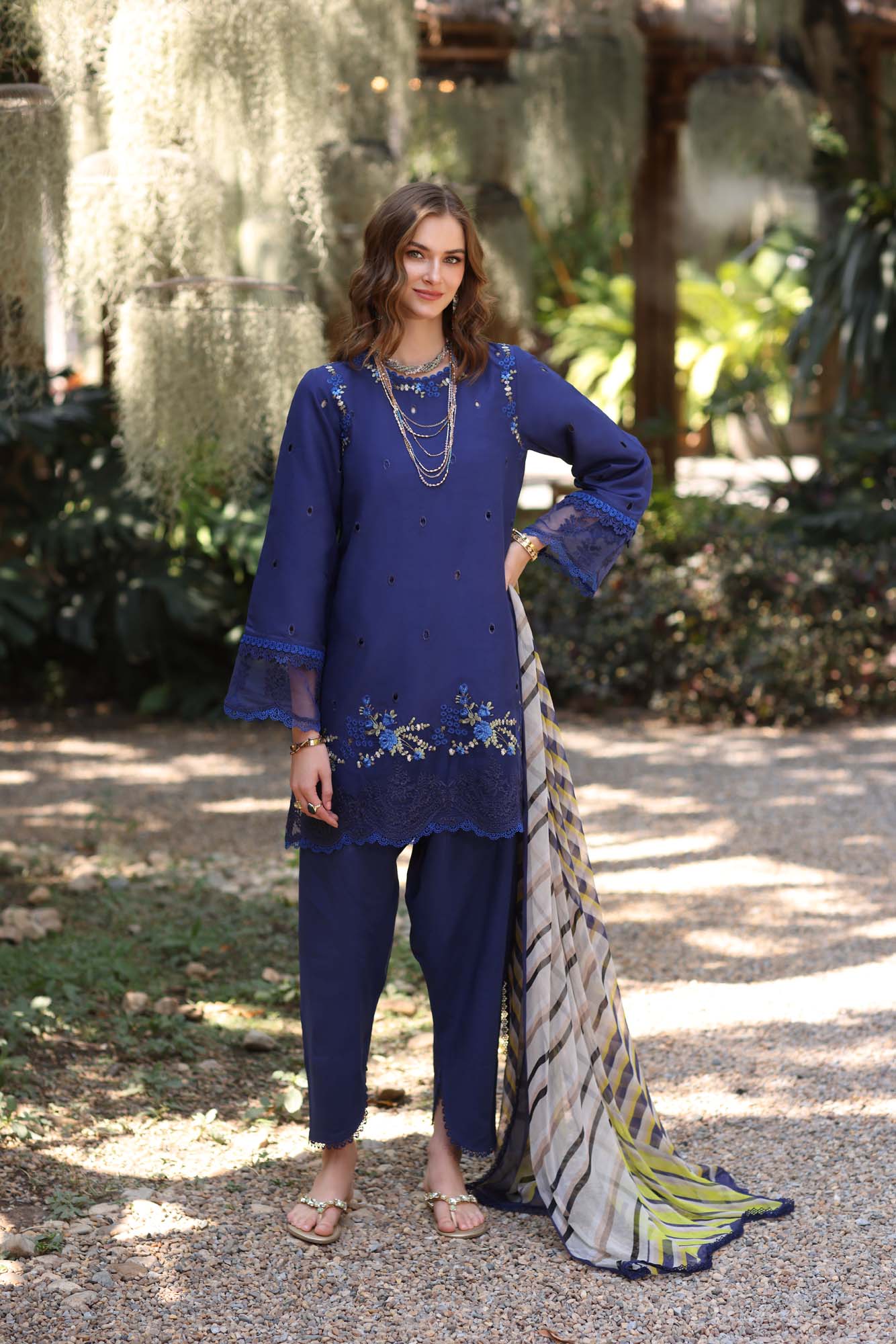 Noor by Saadia Asad | Eid Luxe Printedkari | D3-A S Navy Blue Lawn