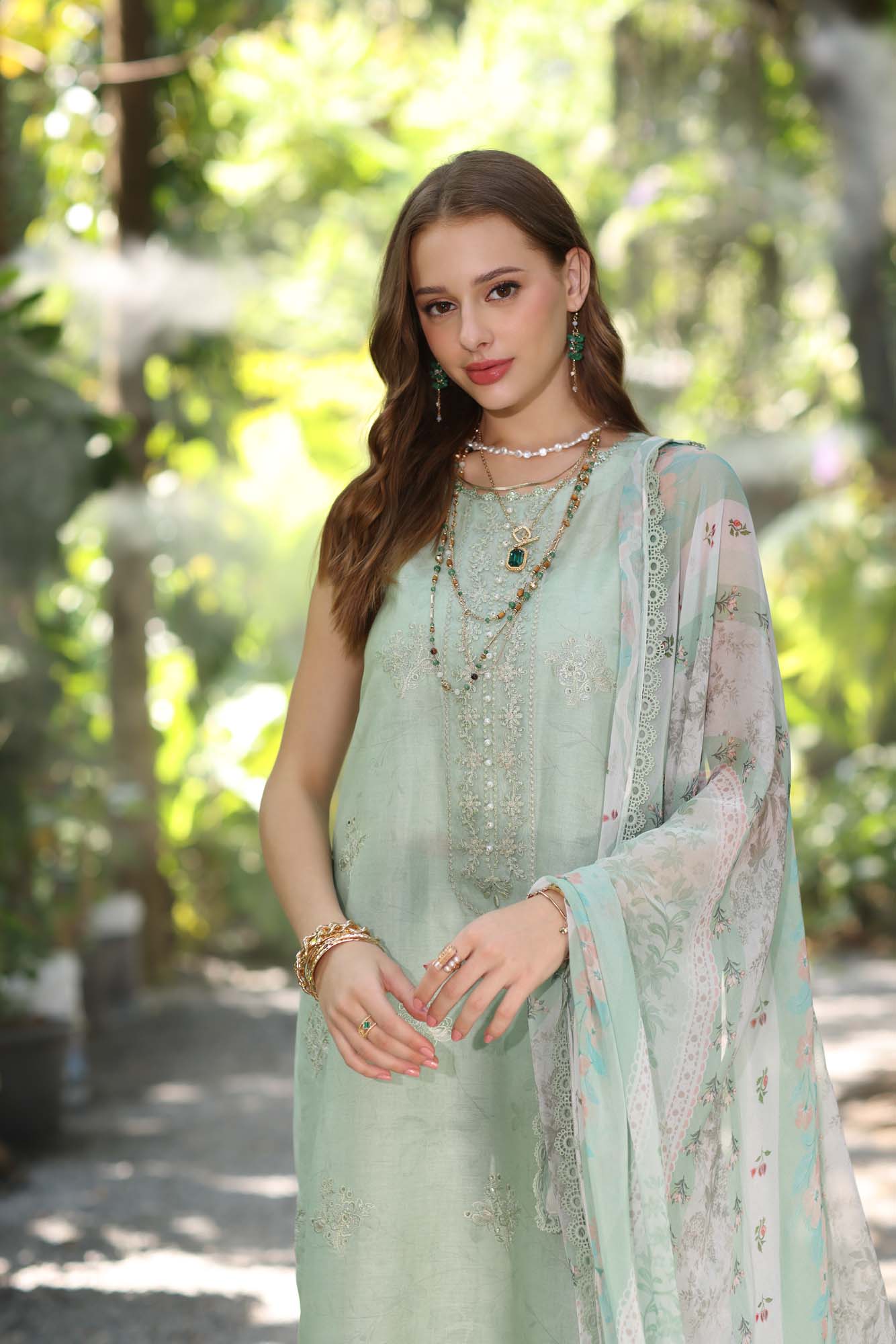 Noor by Saadia Asad | Eid Luxe Printedkari | D6-A M Mint Gray Lawn