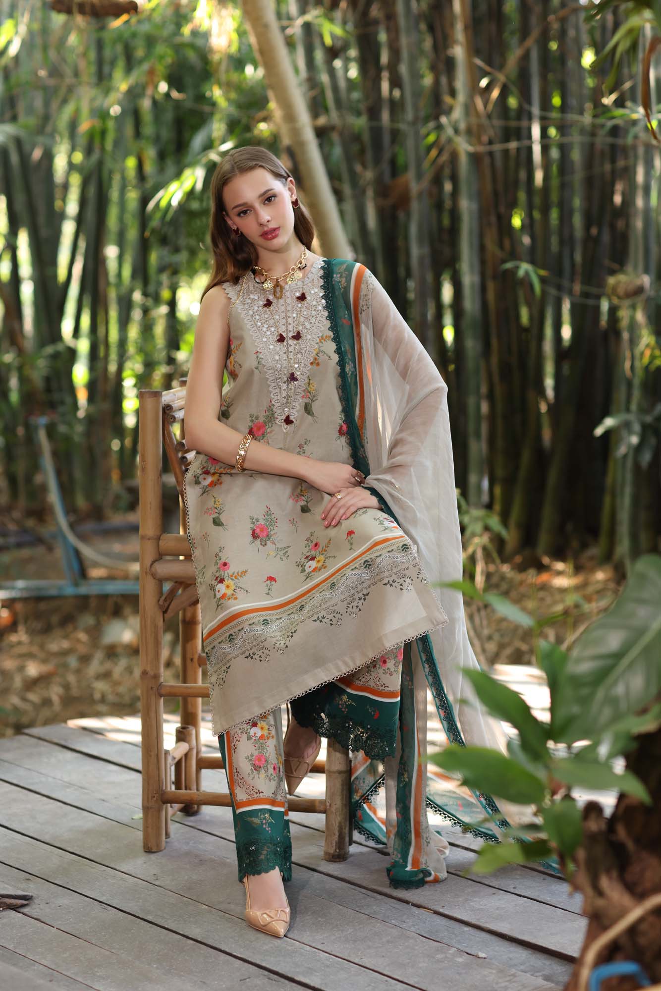 Noor by Saadia Asad | Eid Luxe Printedkari | D4-A L Desert Sand Lawn