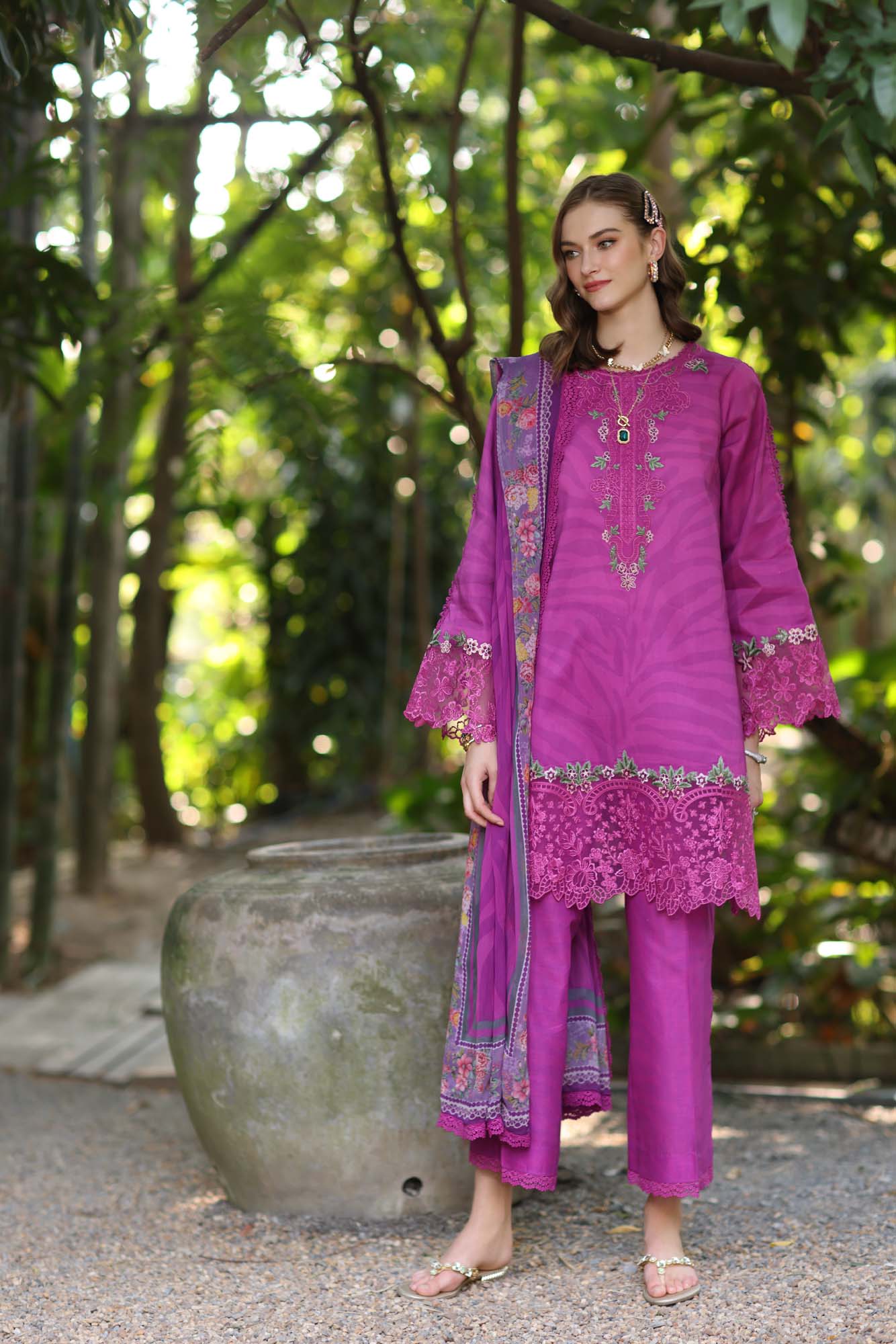 Noor by Saadia Asad | Eid Luxe Printedkari | D1-A S Magenta Lawn