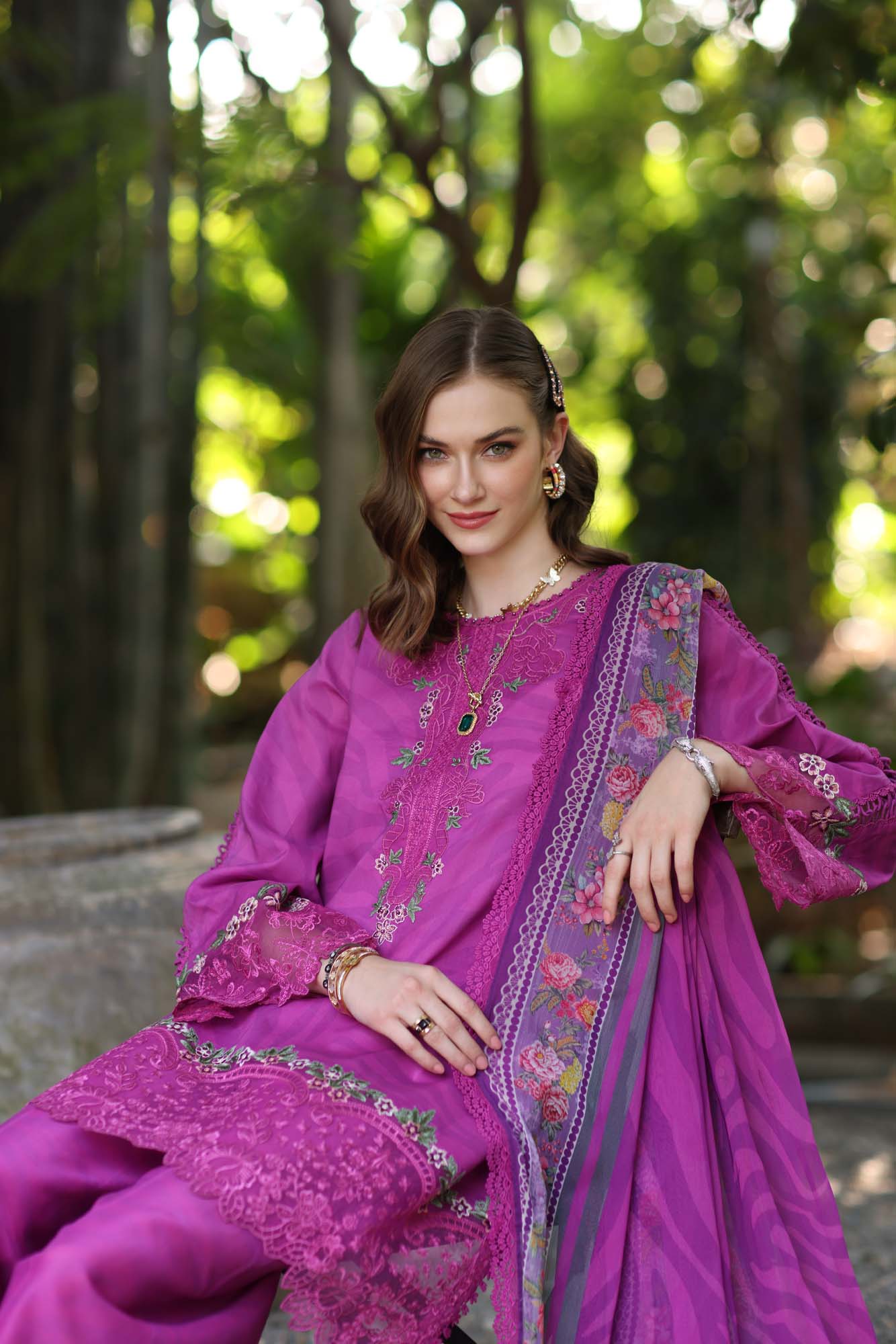 Noor by Saadia Asad | Eid Luxe Printedkari | D1-A M Magenta Lawn