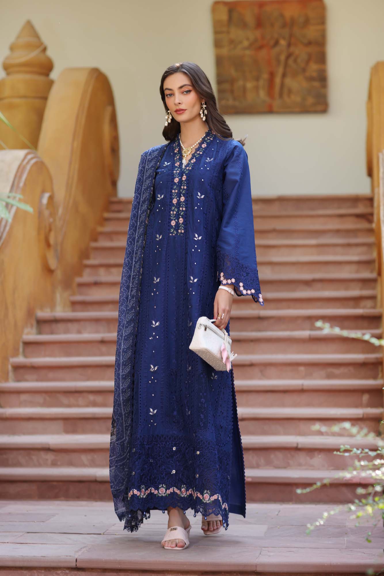 Noor by Saadia Asad | Eid Luxury Laserkari 25 | D5-B S Navy Lawn
