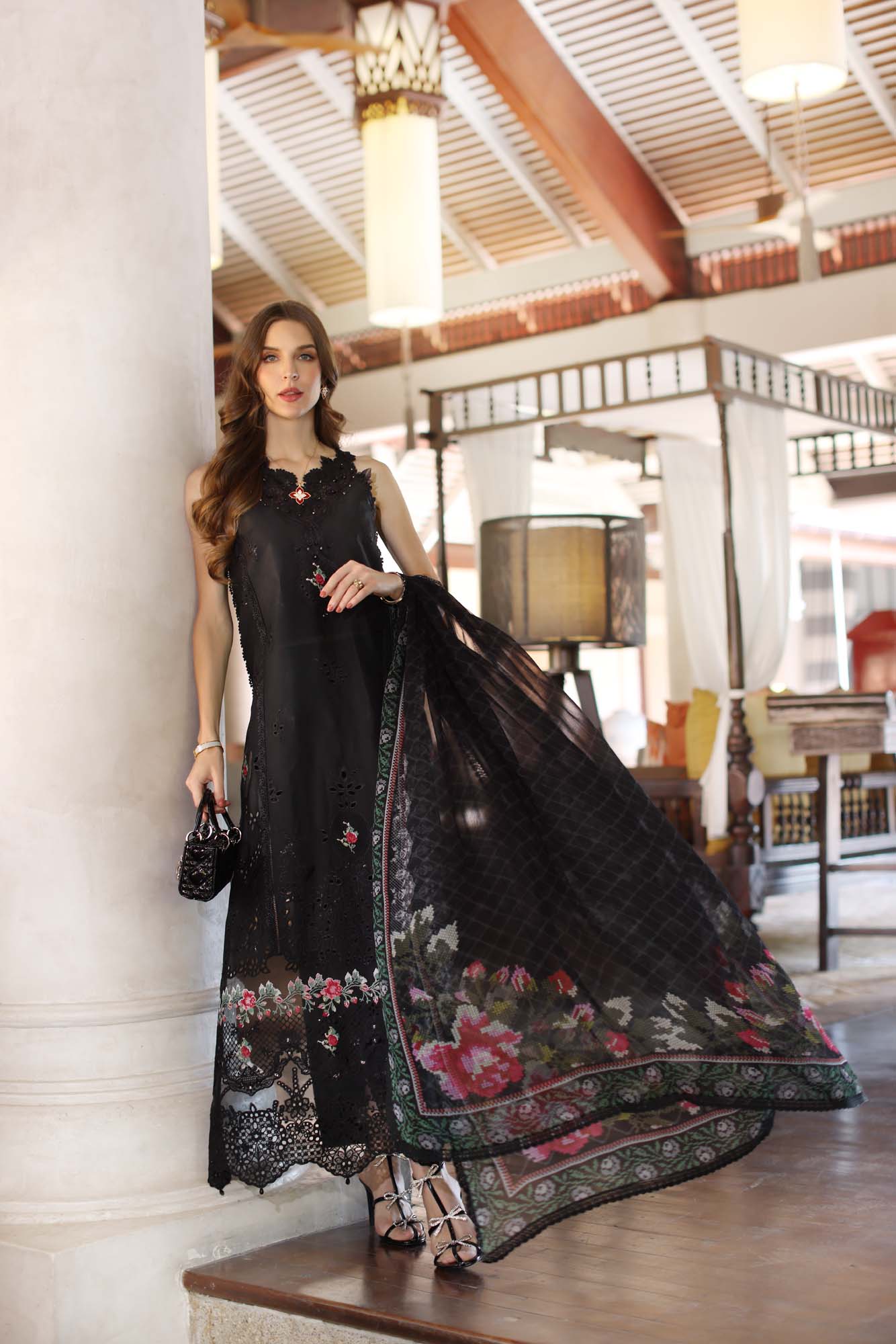 Noor by Saadia Asad | Eid Luxury Laserkari 25 | D4-A M Black Long Shirt