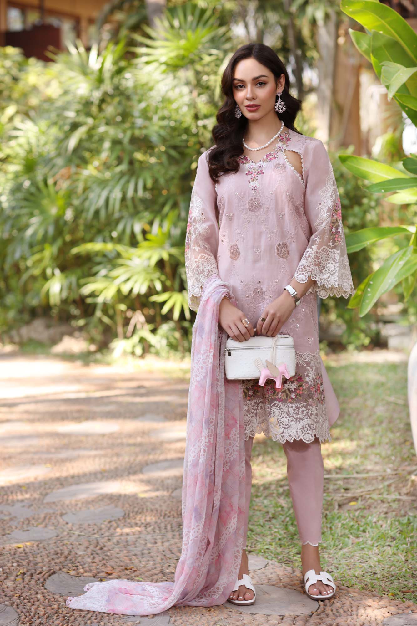 Noor by Saadia Asad | Eid Luxury Laserkari 25 | D8-A M Lilac Long Open Gown with Sharara
