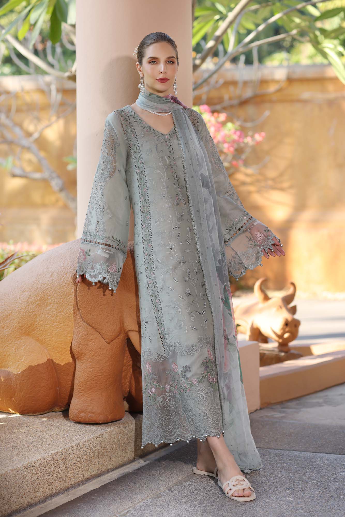 Noor by Saadia Asad | Eid Luxury Laserkari 25 | D1-A L Gray Long Slit Shirt