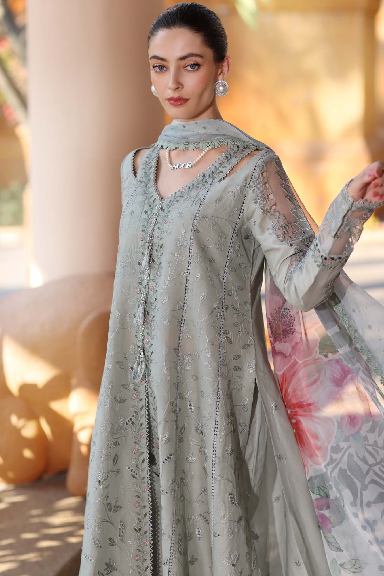 Noor by Saadia Asad | Eid Luxury Laserkari 25 | D1-A S Gray Long Shirt