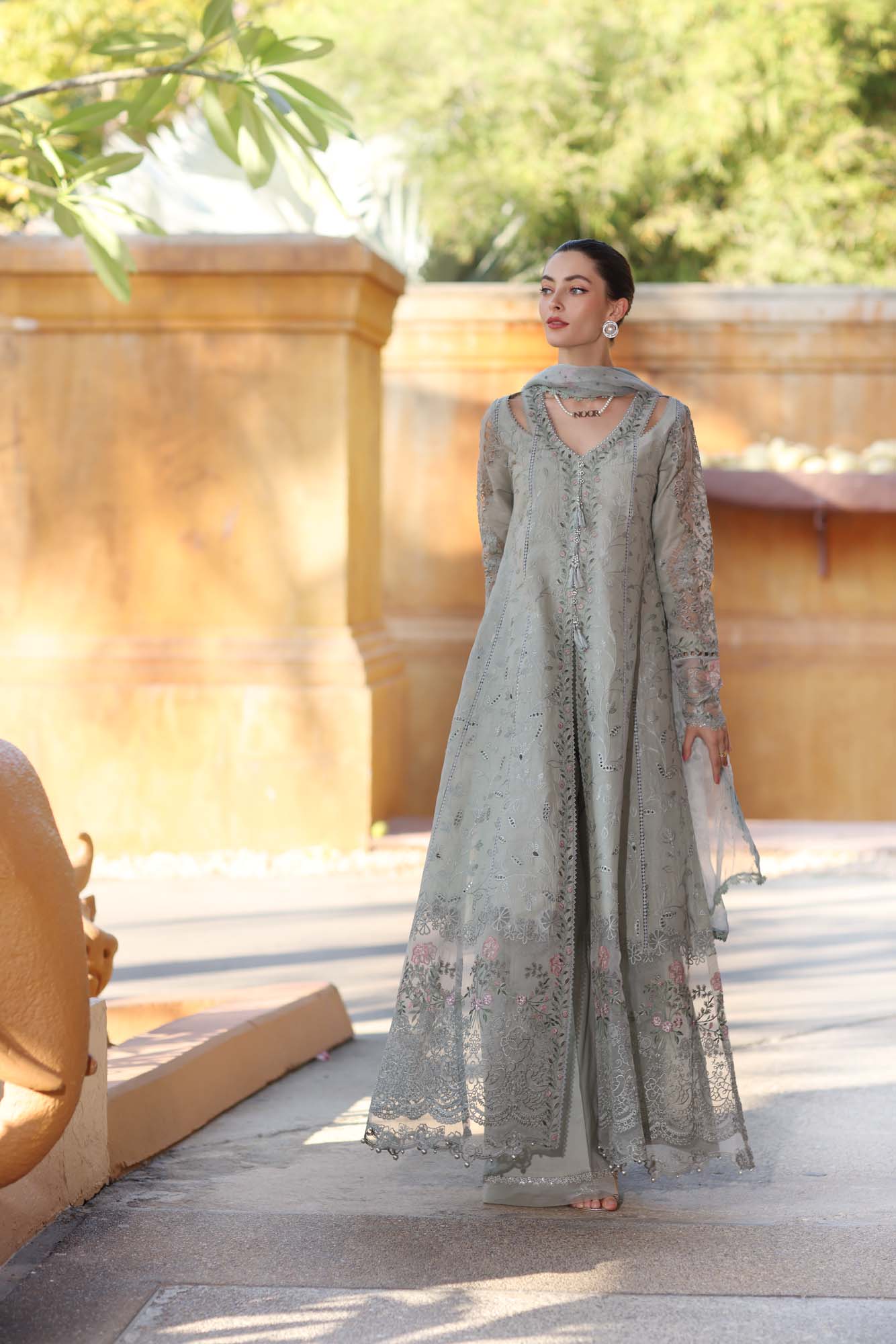 Noor by Saadia Asad | Eid Luxury Laserkari 25 | D1-A S Gray Long Slit Shirt