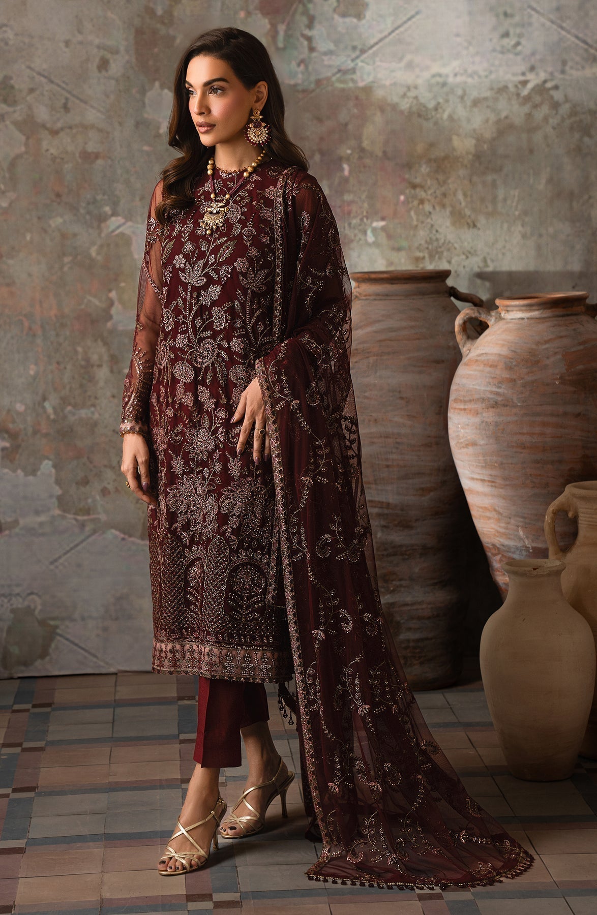 Zarif | Emirah Formals | ZEF 03 CHARM XL Dark Maroon Net
