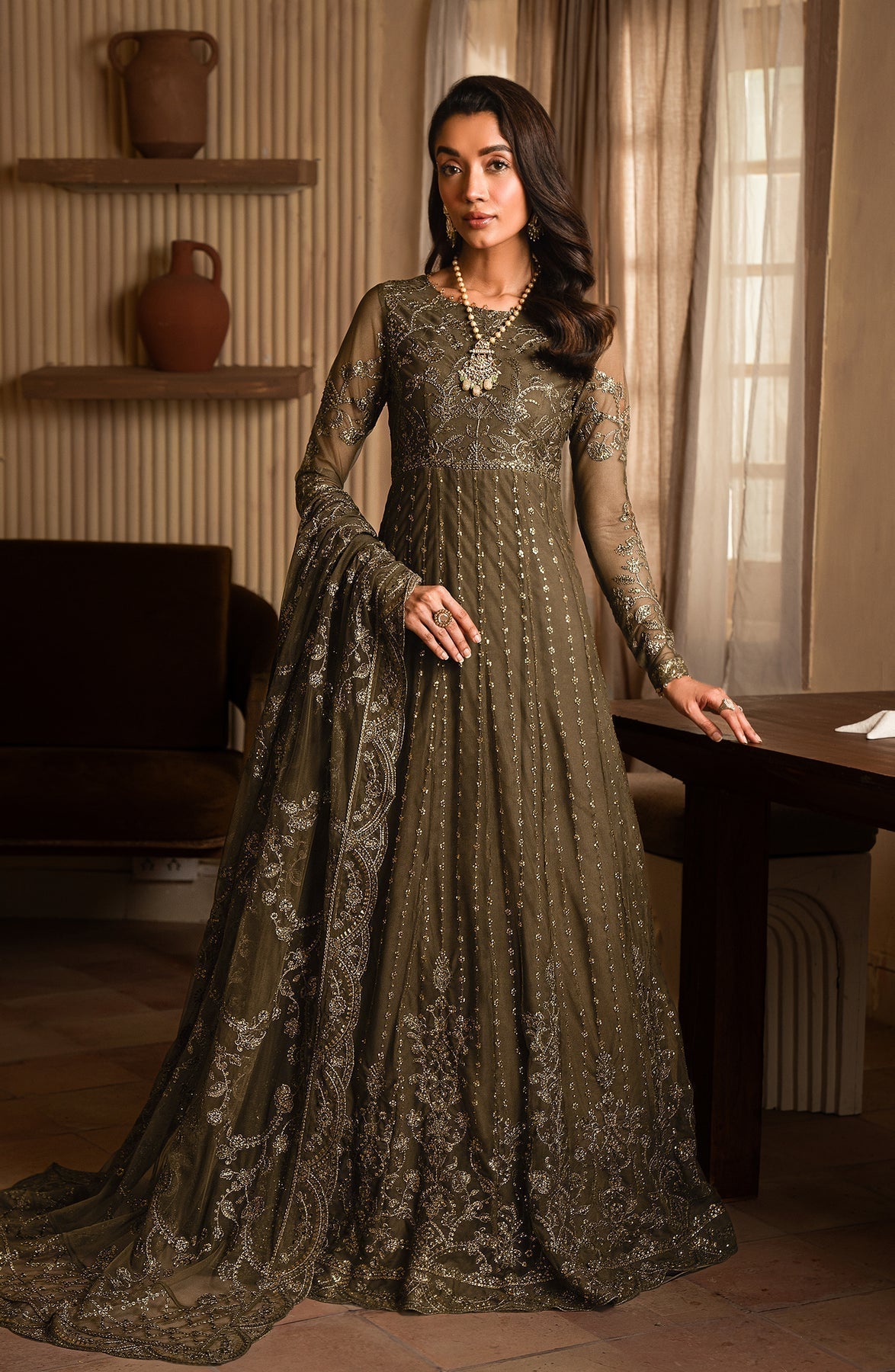 Zarif | Emirah Formals | ZEF 07 JAZAB S Mehndi Green Net
