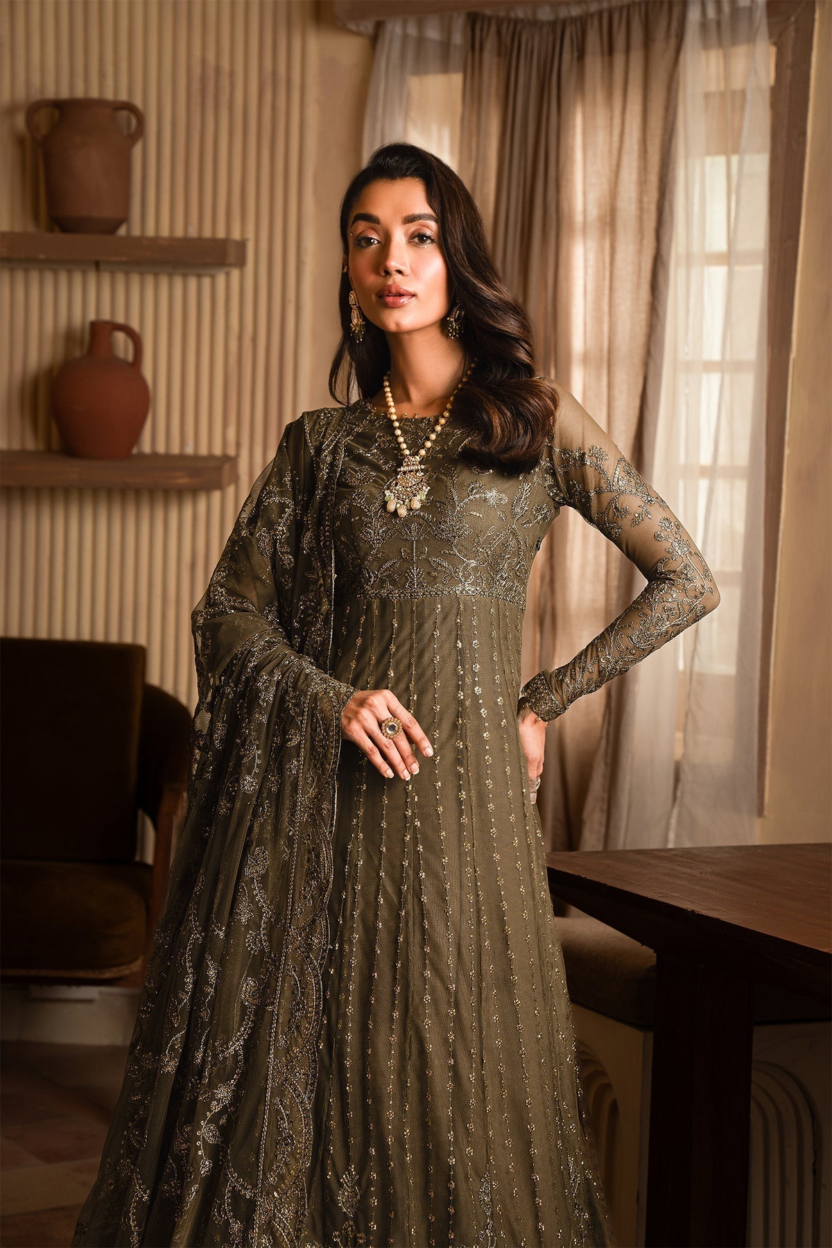 Zarif | Emirah Formals | ZEF 07 JAZAB Custom Size Mehndi Green Net