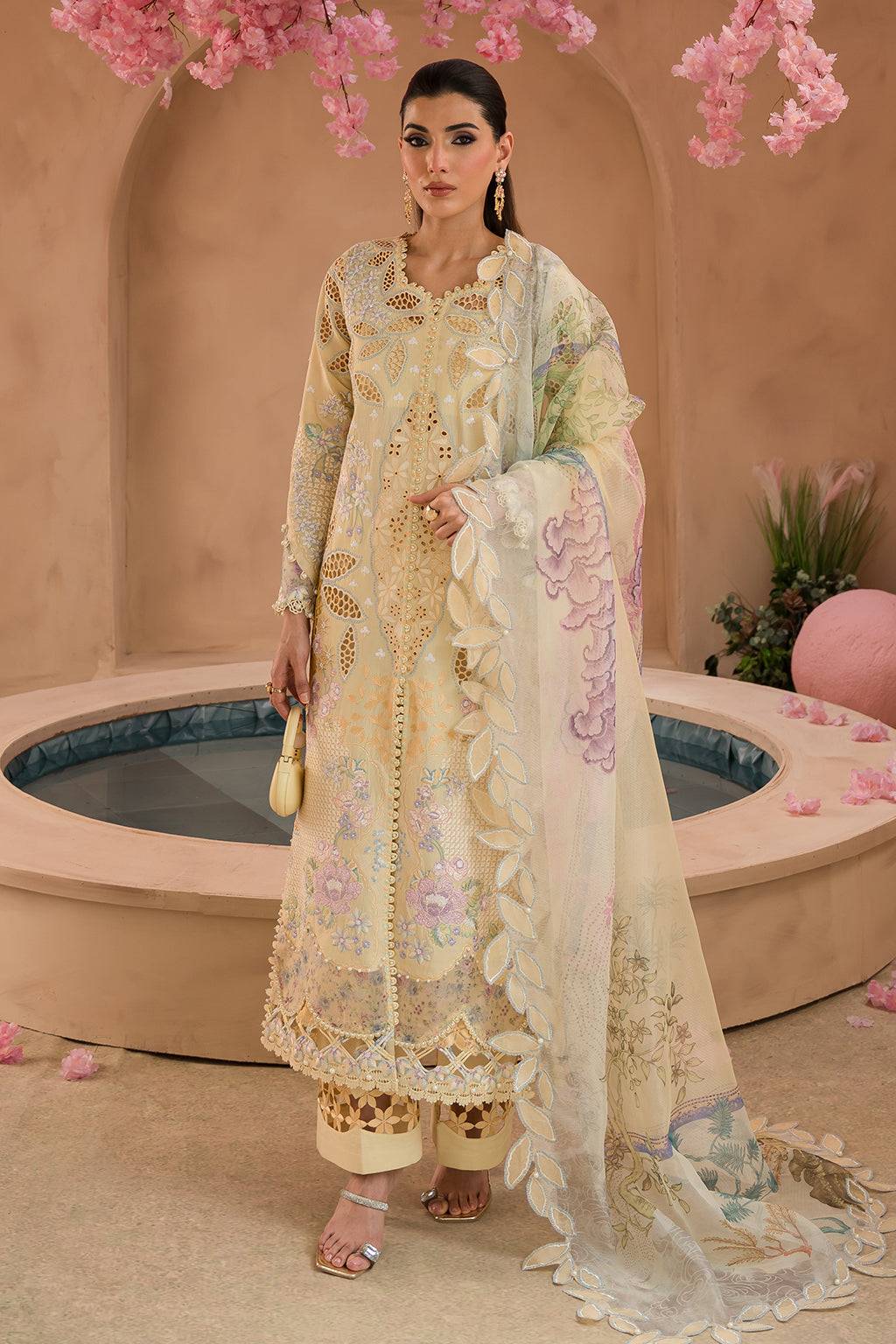 Afrozeh | The Pinted Grden Lawn 24 | Sweet Saffron - Pakistani Designer Dress - by Afrozeh | Type: Luxury - 100% Original at Saira Sultan