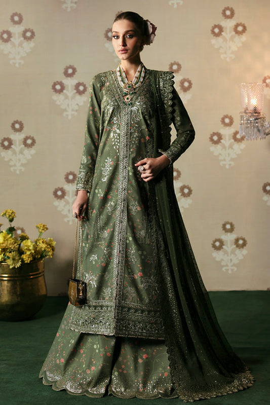 Afrozeh | Divani Silk Edit 25 | Zeba XS Deep Olive Green Silk