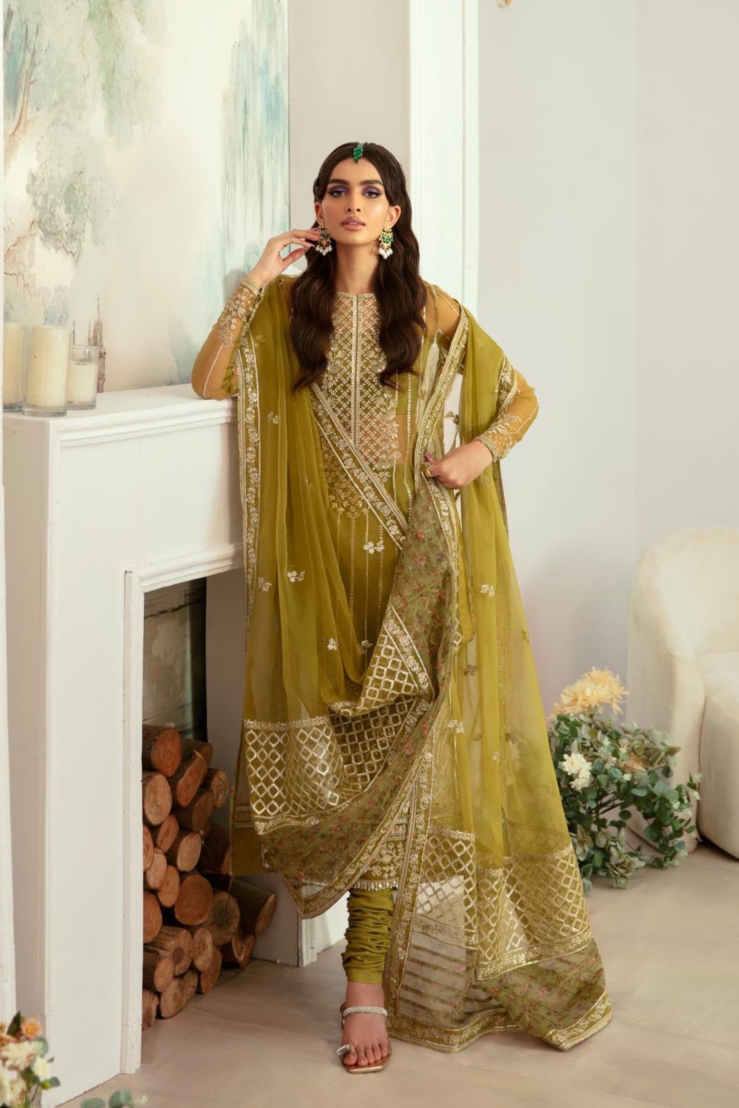 Akbar Aslam | Velora Formal Pret | Islet XS Mehndi Green Organza