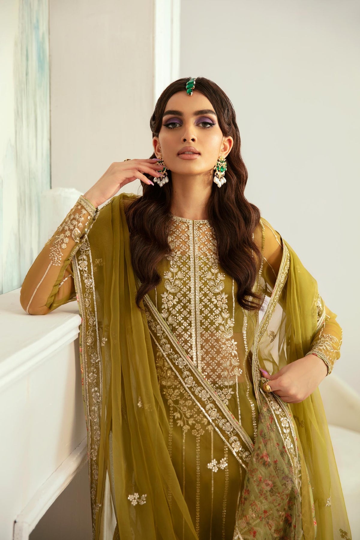 Akbar Aslam | Velora Formal Pret | Islet L Mehndi Green Organza