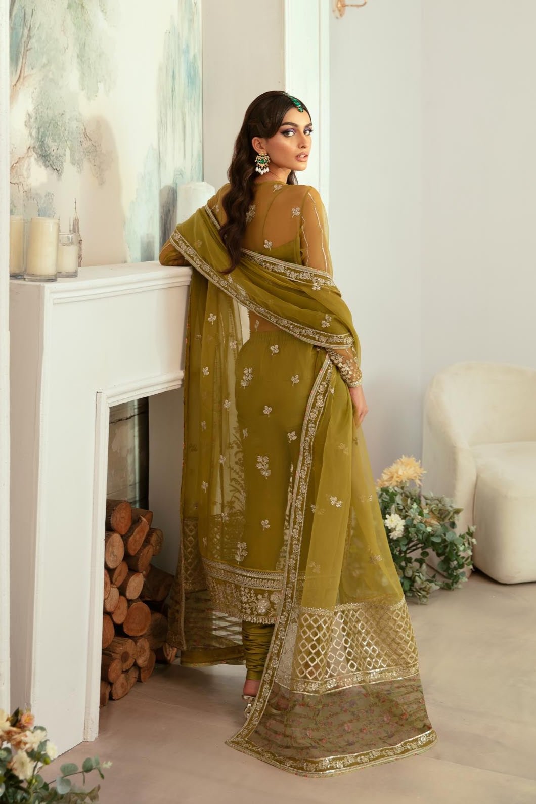 Akbar Aslam | Velora Formal Pret | Islet S Mehndi Green Organza