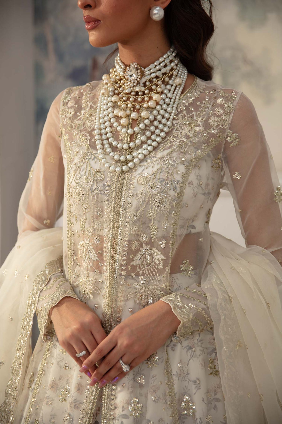 Akbar Aslam | Velora Formal Pret | Elysian L Ivory Organza