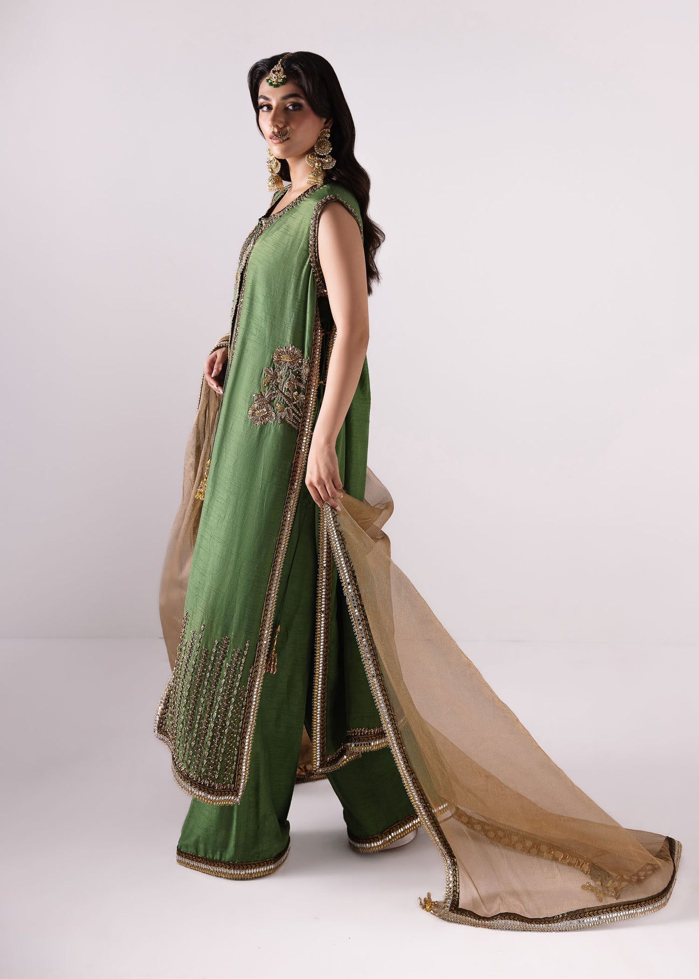 Laj | Elaheh Formals | FREESIA S Olive Green Raw Silk