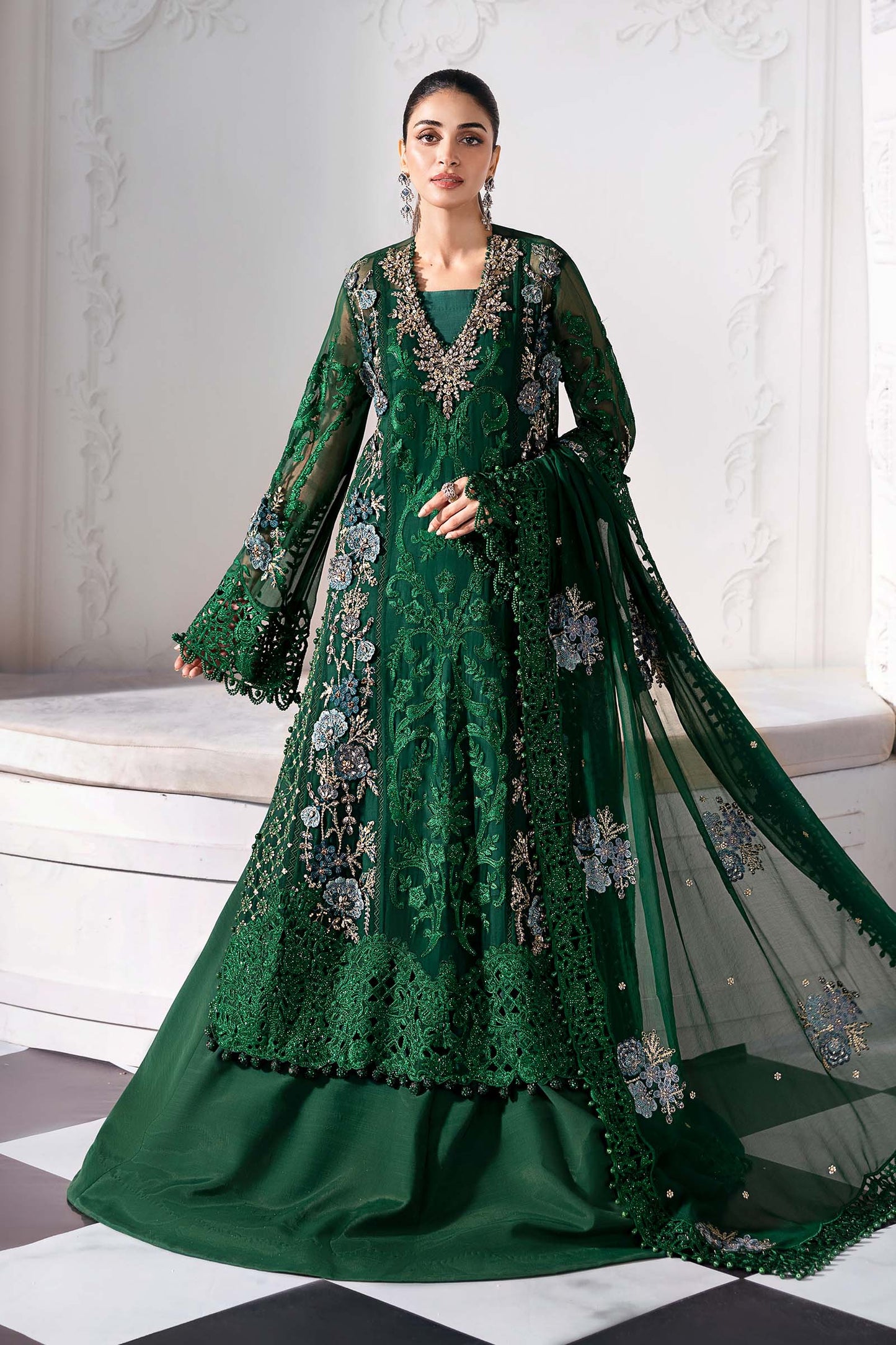 Maria B | Mbroidered 2025 | BD-3008 XS Emerald Green Open Long Shirt with Lehnga