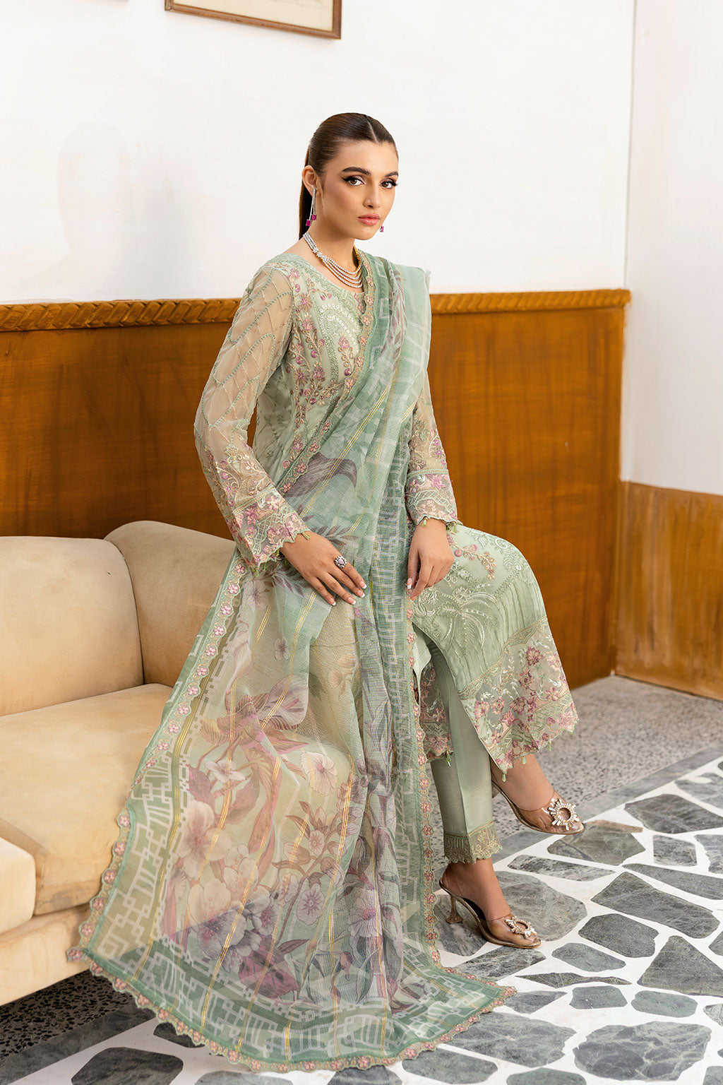 Ramsha | Chevron Chiffon Collection | A-1003 L Pastel Mint Chiffon
