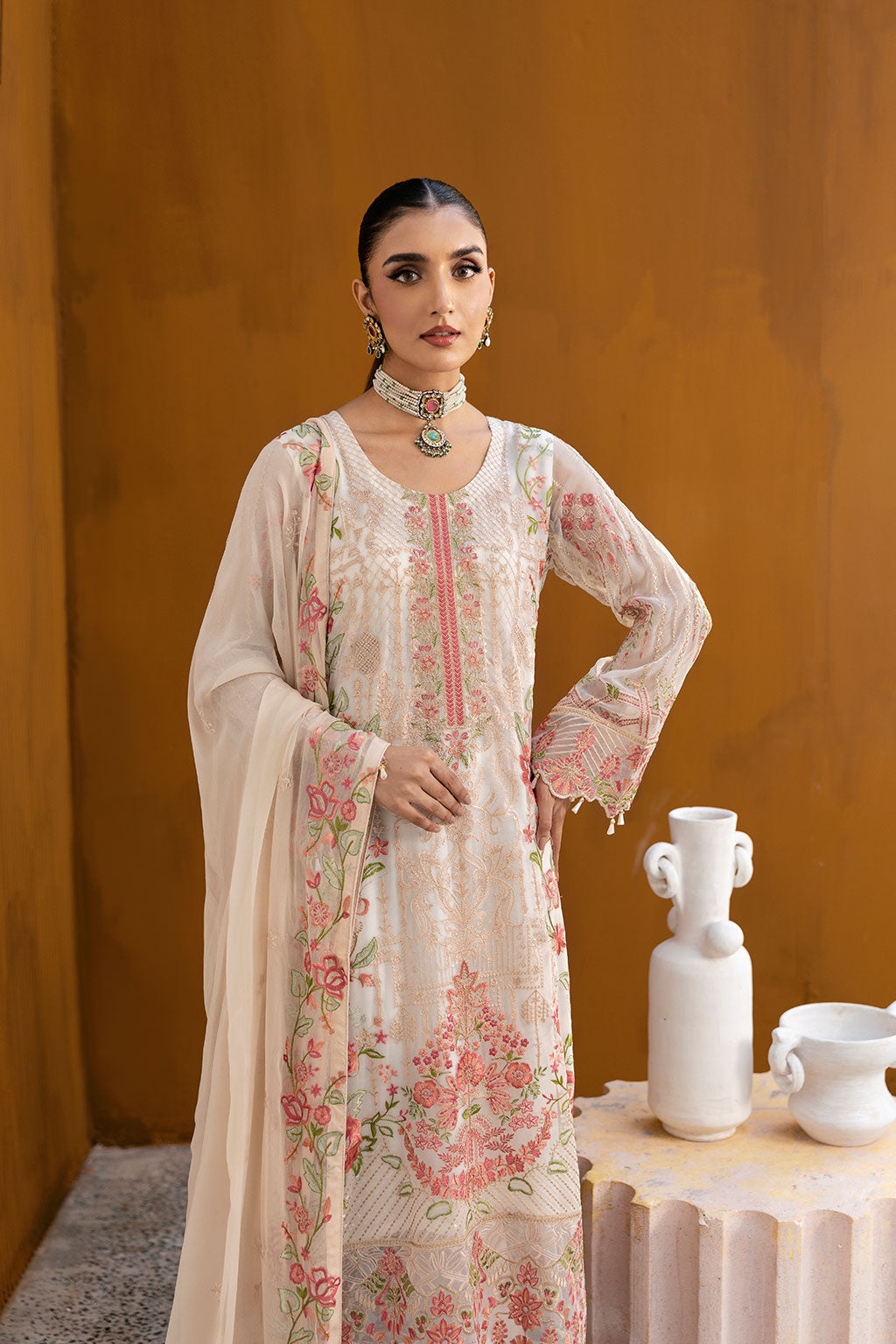 Ramsha | Chevron Chiffon Collection | A-1011 XL Ivory Chiffon