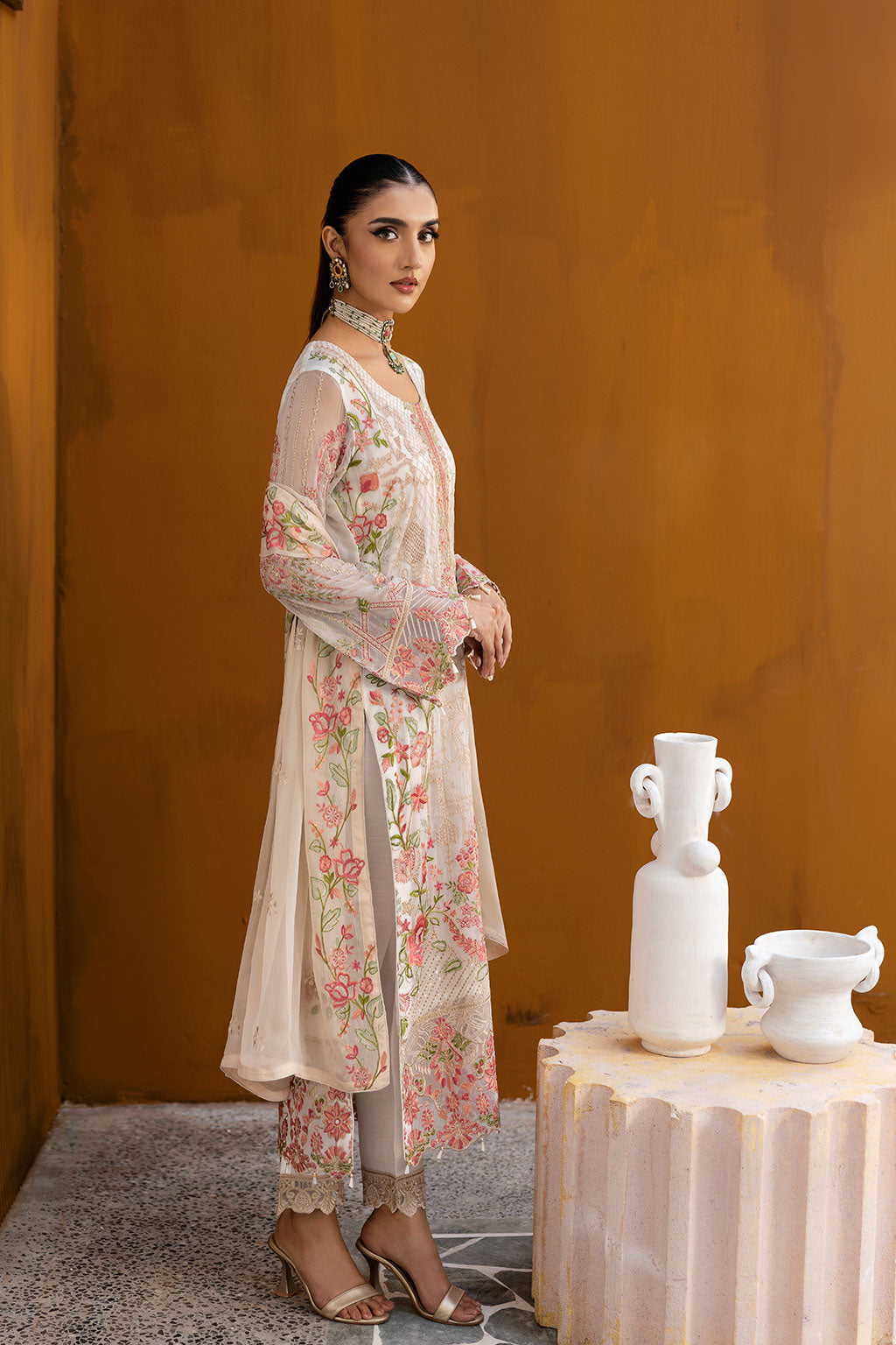 Ramsha | Chevron Chiffon Collection | A-1011 Custom Size Ivory Chiffon