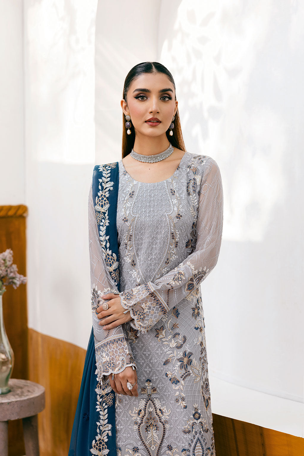 Ramsha | Chevron Chiffon Collection |A-1001 XL Light Blue Gray Chiffon