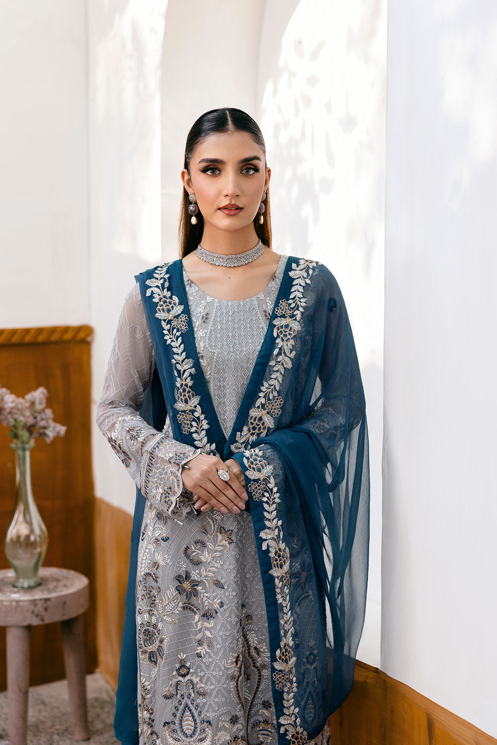 Ramsha | Chevron Chiffon Collection |A-1001 M Light Blue Gray Chiffon