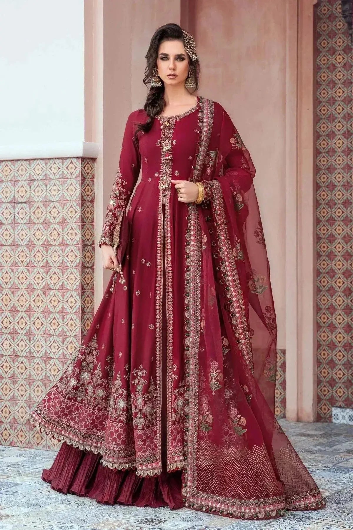 Maria B | Sateen Formals 23 | Maroon CST-708 - Pakistani Designer Dress - by Maria B | Type: Formal - 100% Original at Saira Sultan