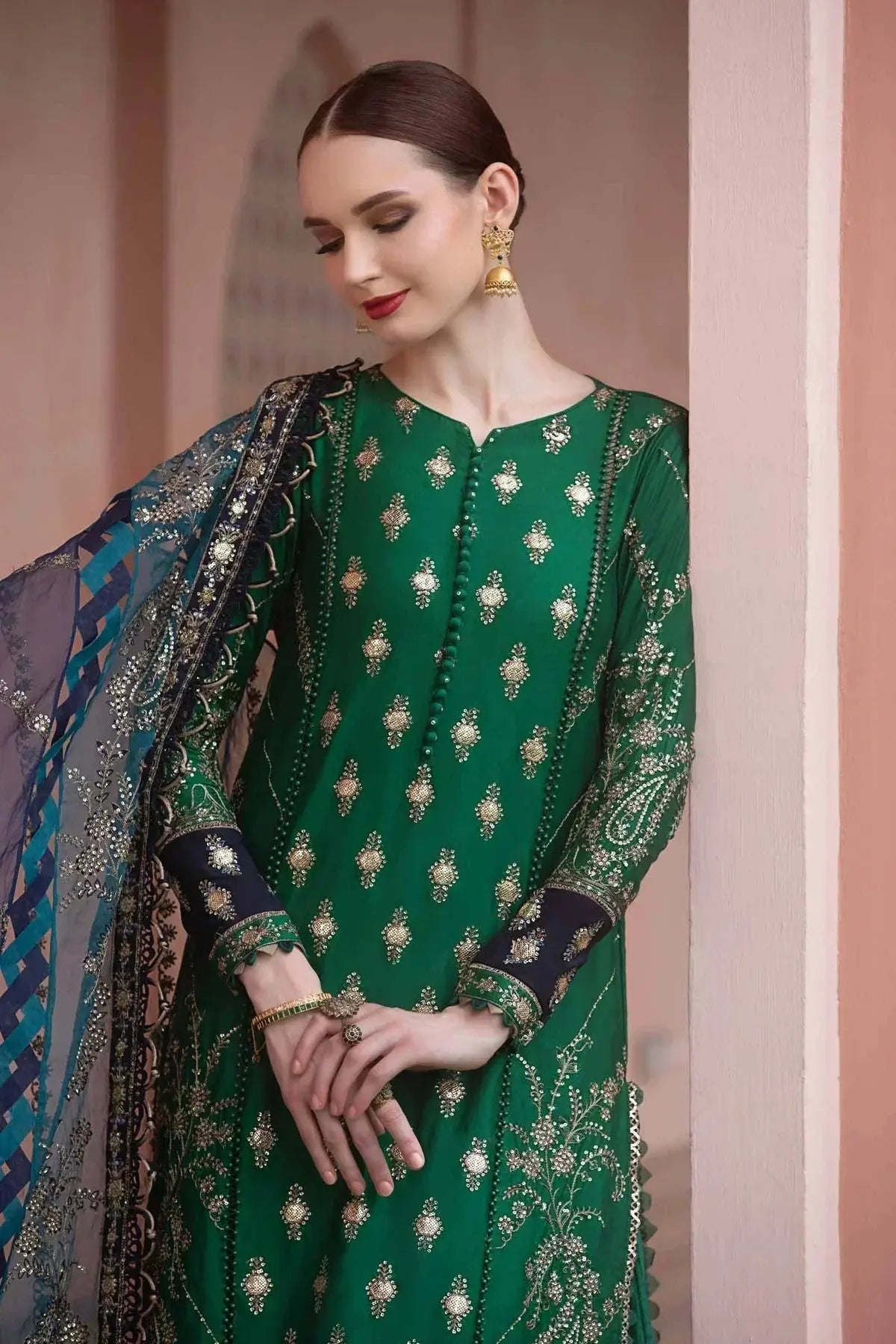 Maria B | Sateen Formals 23 | Emerald Green CST-711 - Pakistani Designer Dress - by Maria B | Type: Formal - 100% Original at Saira Sultan