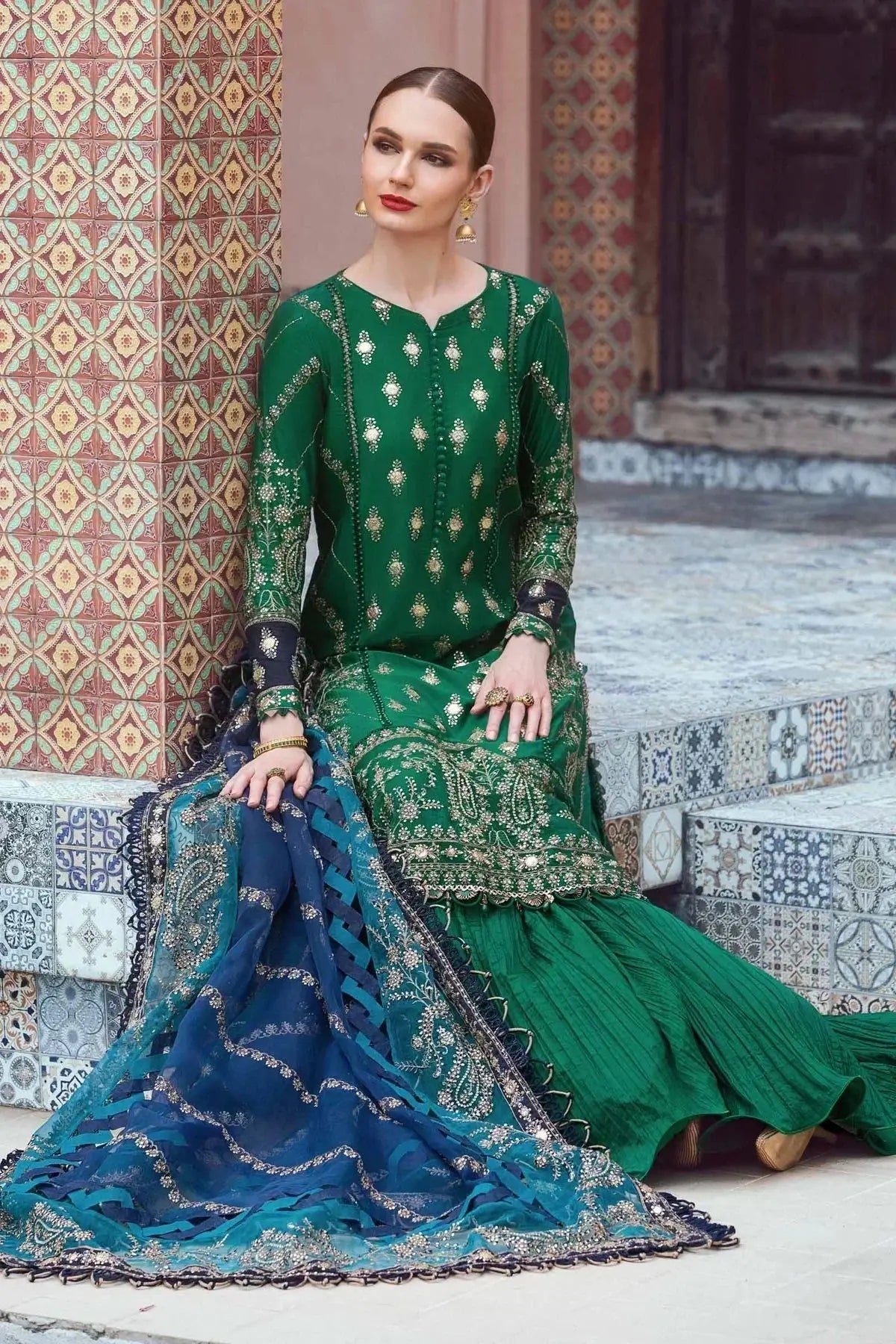 Maria B | Sateen Formals 23 | Emerald Green CST-711 - Pakistani Designer Dress - by Maria B | Type: Formal - 100% Original at Saira Sultan
