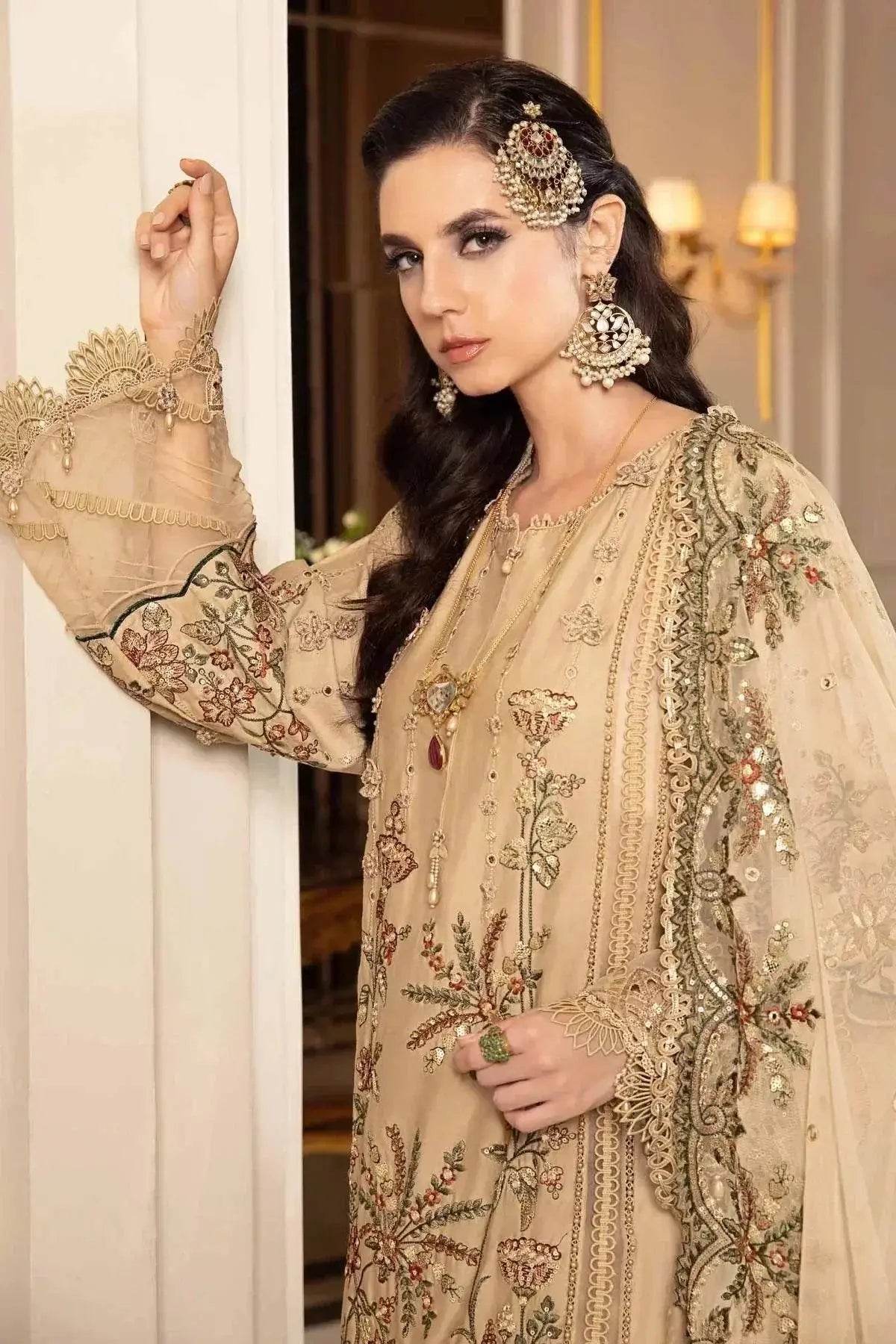 Maria B | Sateen Formals 23 | Beige CST-712 - Pakistani Designer Dress - by Maria B | Type: Formal - 100% Original at Saira Sultan
