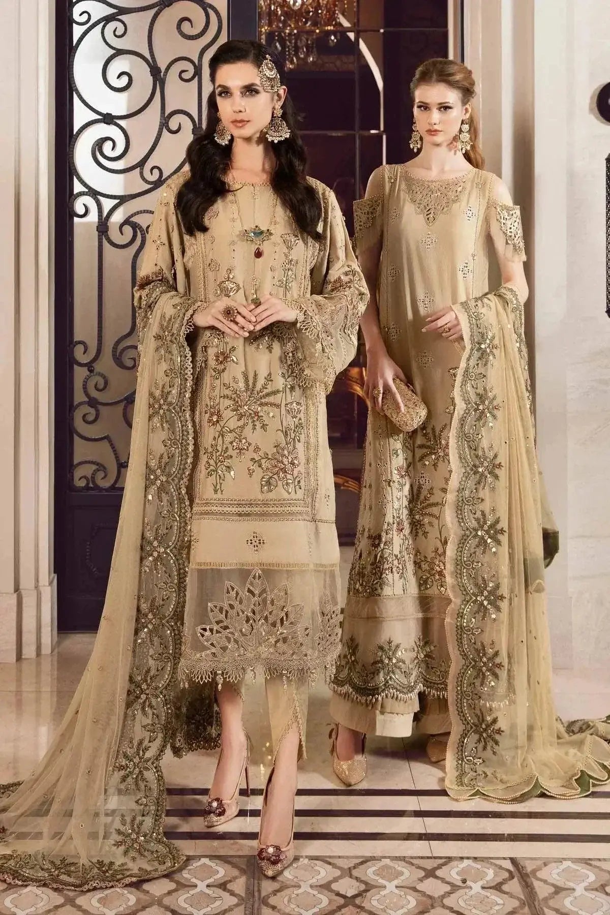 Maria B | Sateen Formals 23 | Beige CST-712 - Pakistani Designer Dress - by Maria B | Type: Formal - 100% Original at Saira Sultan