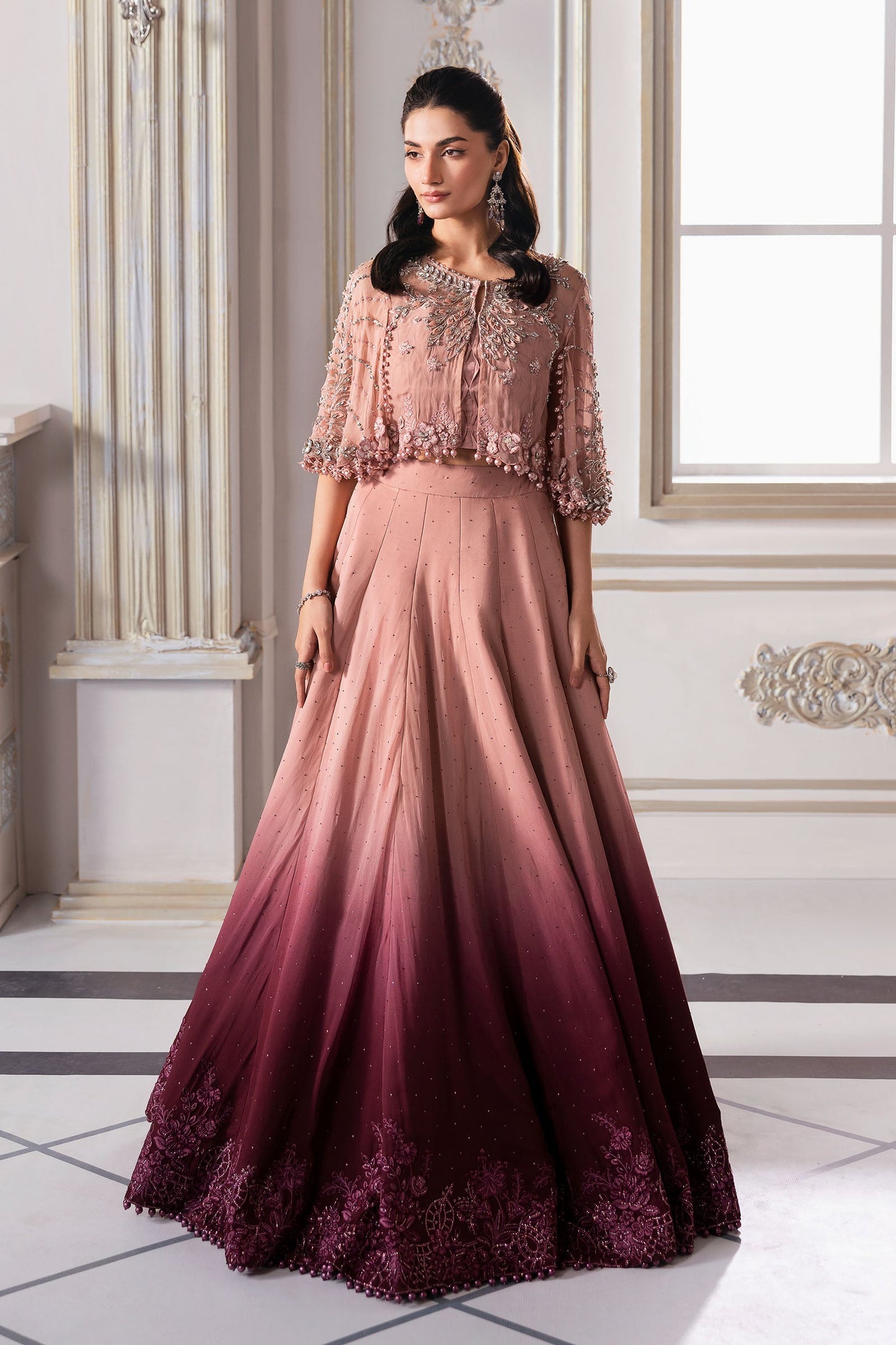 Maria B | Mbroidered 2025 | BD-3001 XS Ash Pink Short Jacket with Lehnga
