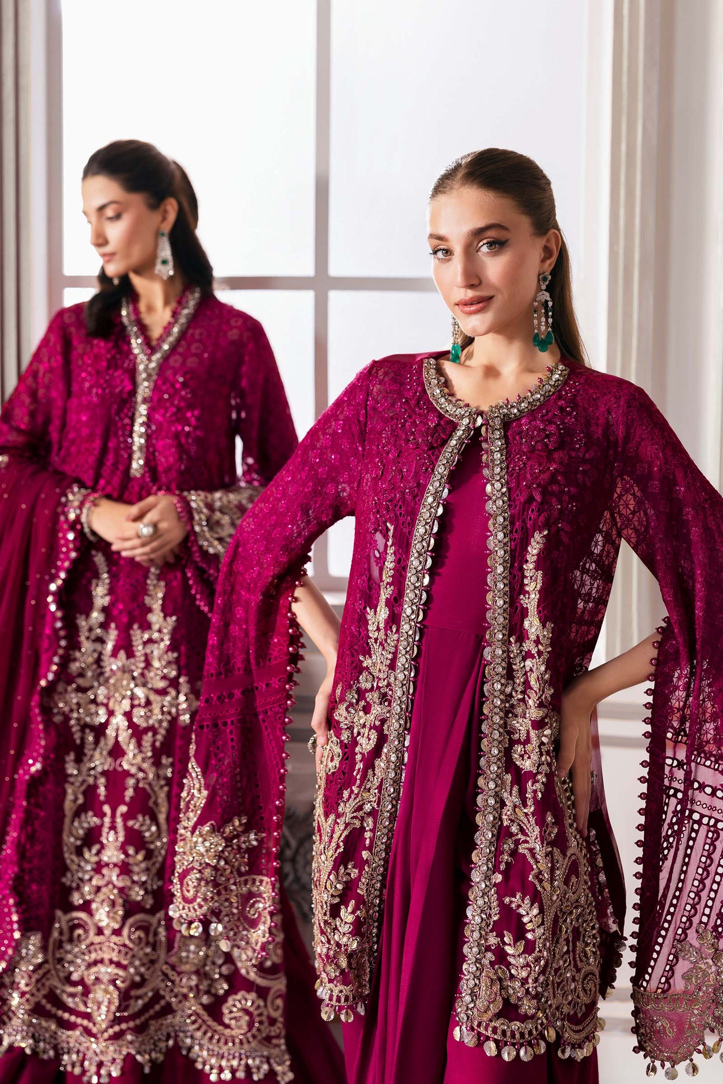 Maria B | Mbroidered 2025 | BD-3003 XS Magenta Short Open Shirt with Wrap Inner with Trouser