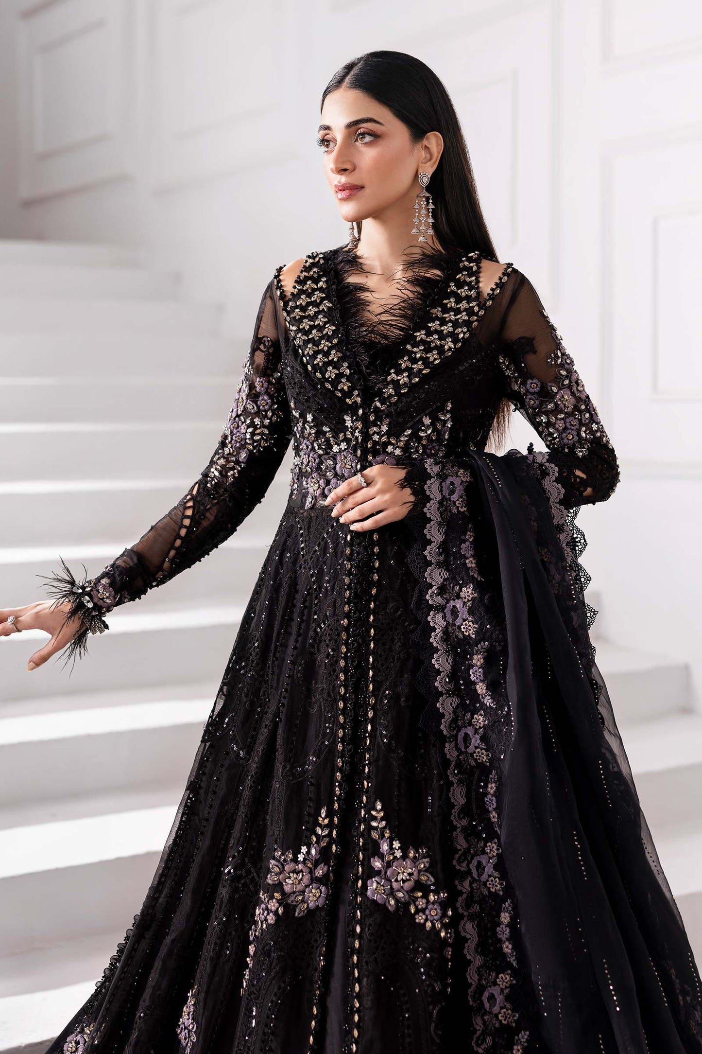 Maria B | Mbroidered 2025 | BD-3004 M Black Long Slit Gown with Lehnga