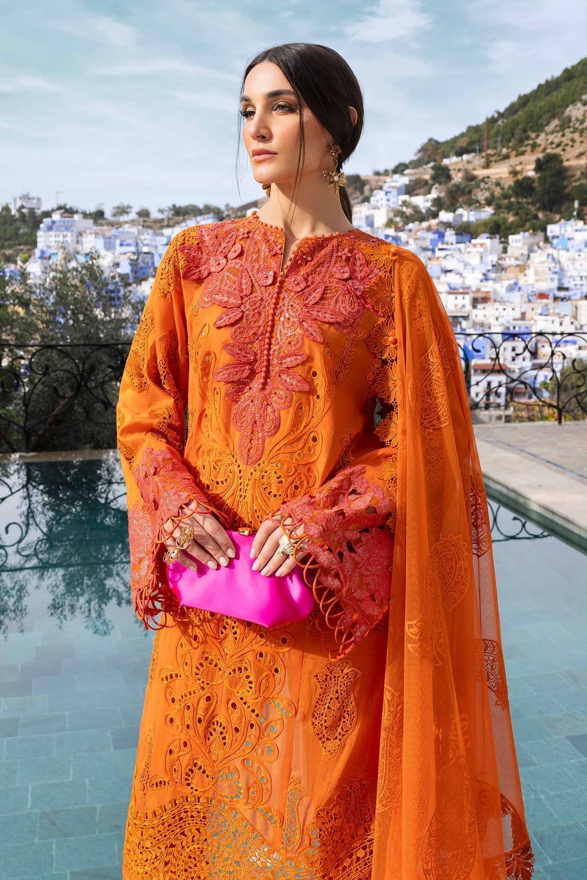 Maria B | Luxury Lawn 25 | D-2505-B S Orange Short Open Shirt with Plazzo Pant