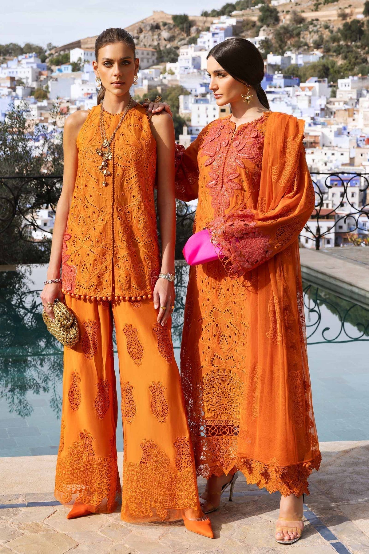 Maria B | Luxury Lawn 25 | D-2505-B XS Orange Short Open Shirt with Plazzo Pant