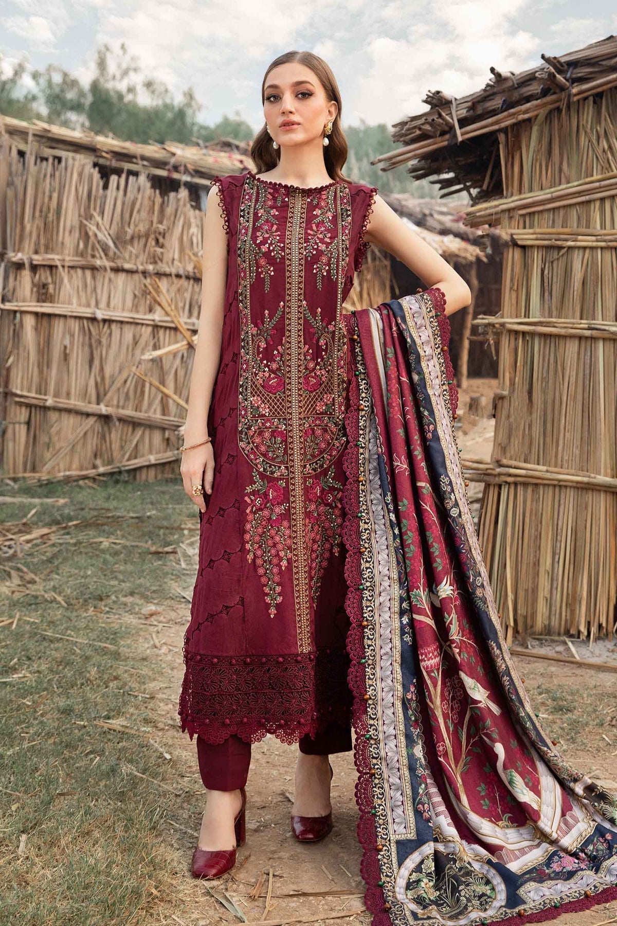 Maria B | M Prints Winter 24 | MPT-2406-B XL Maroon Linen