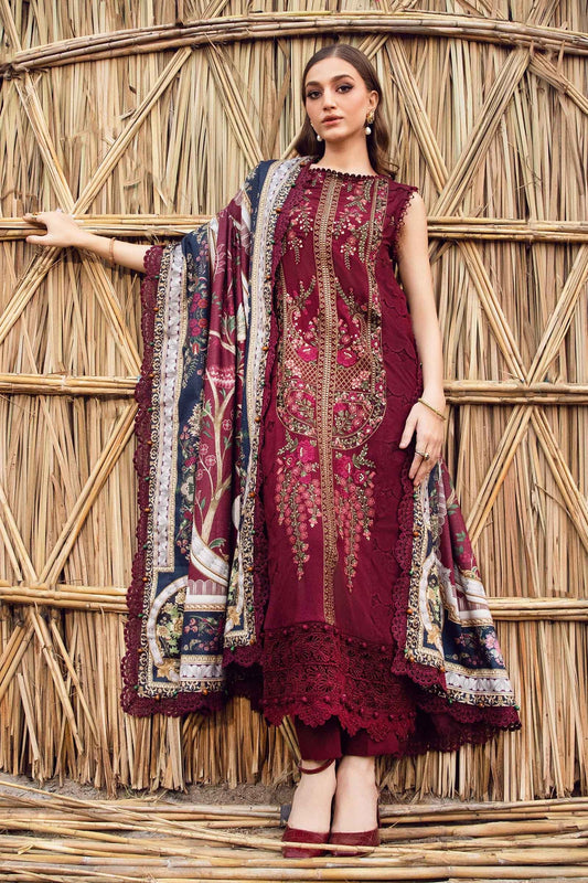 Maria B | M Prints Winter 24 | MPT-2406-B XS Maroon Linen