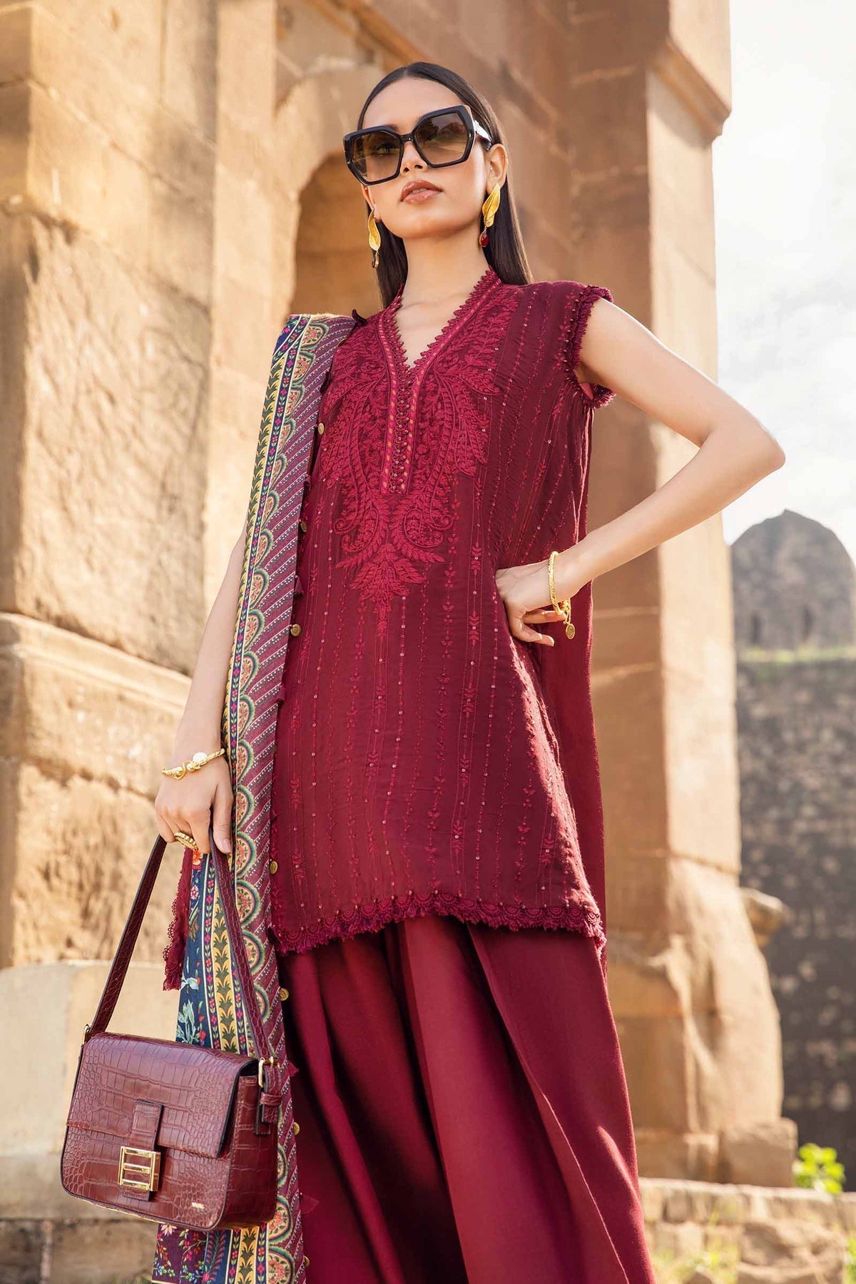 Maria B | M Prints Winter 24 | MPT-2407-B S Maroon Linen
