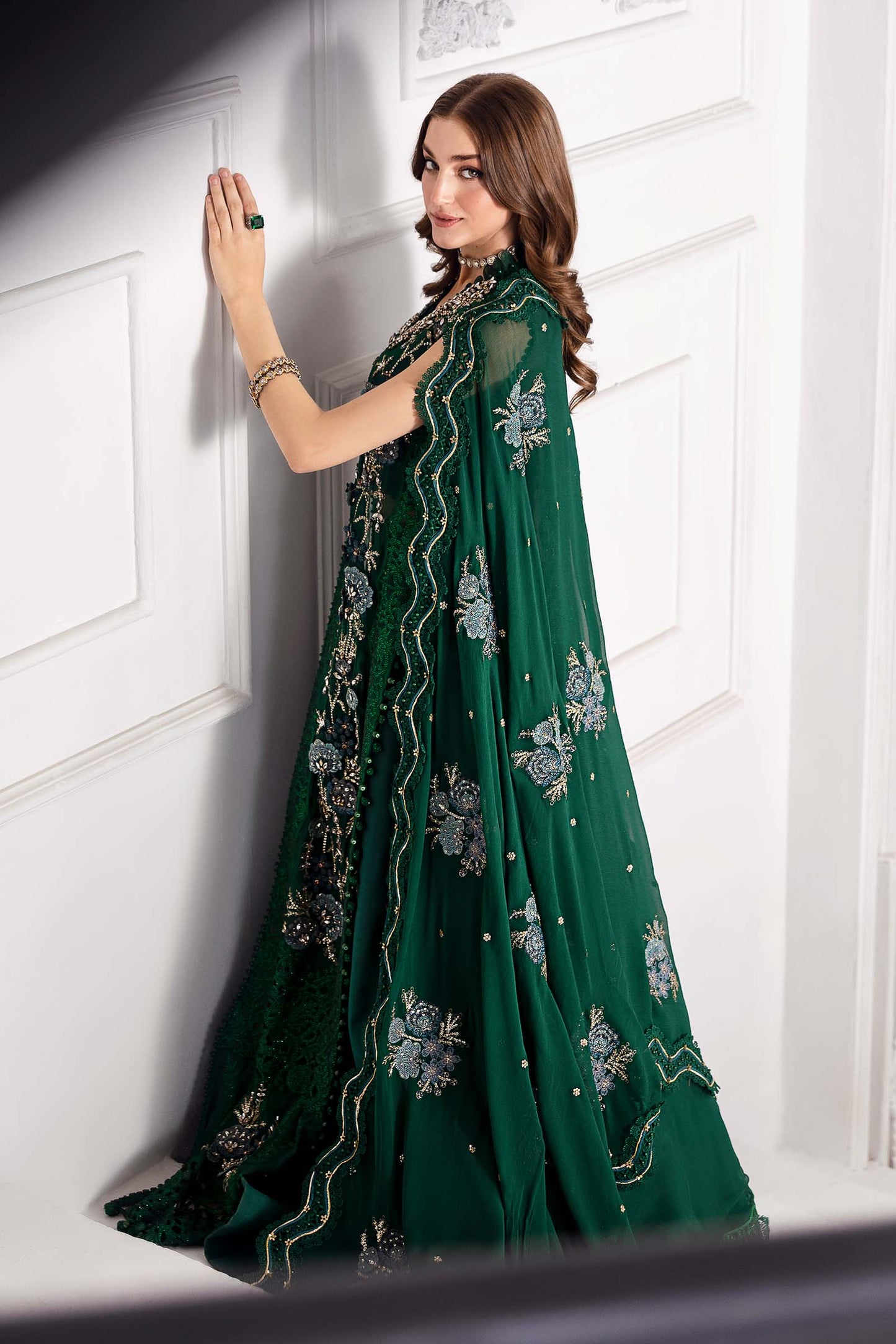 Maria B | Mbroidered 2025 | BD-3008 S Emerald Green Long Shirt with Lehnga