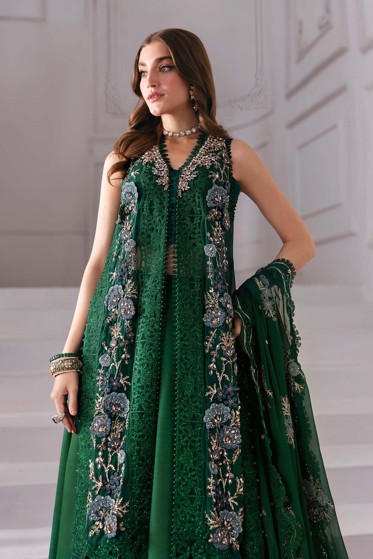 Maria B | Mbroidered 2025 | BD-3008 Custom Size Emerald Green Long Shirt with Lehnga