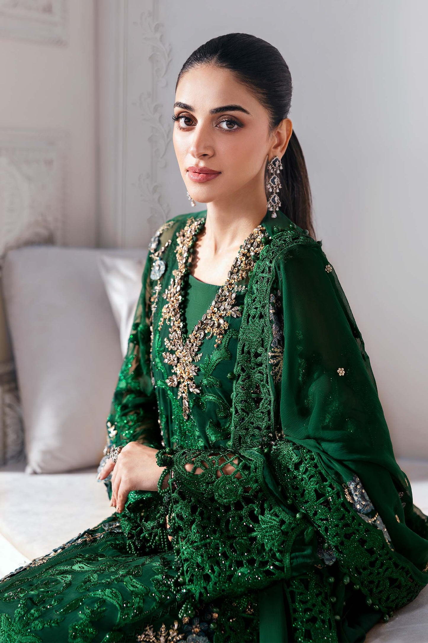Maria B | Mbroidered 2025 | BD-3008 M Emerald Green Open Long Shirt with Lehnga